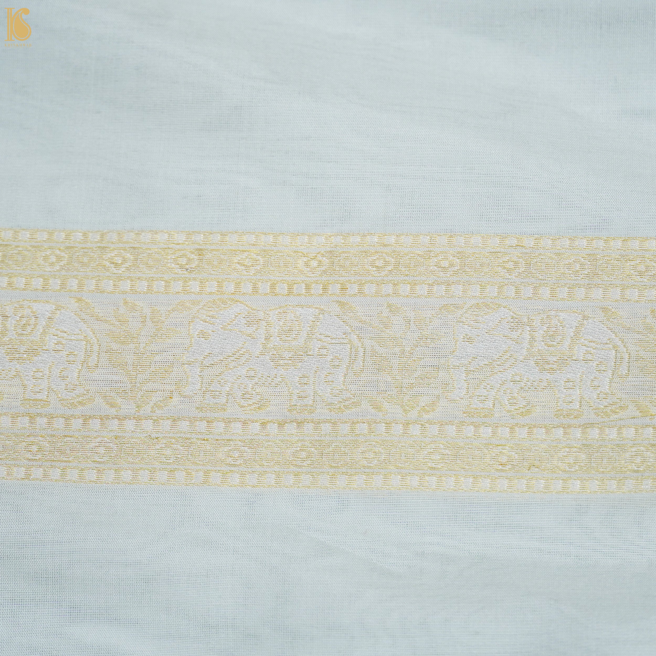 White Pure Katan Silk Banarasi Shikargah Stripes Fabric - Khinkhwab