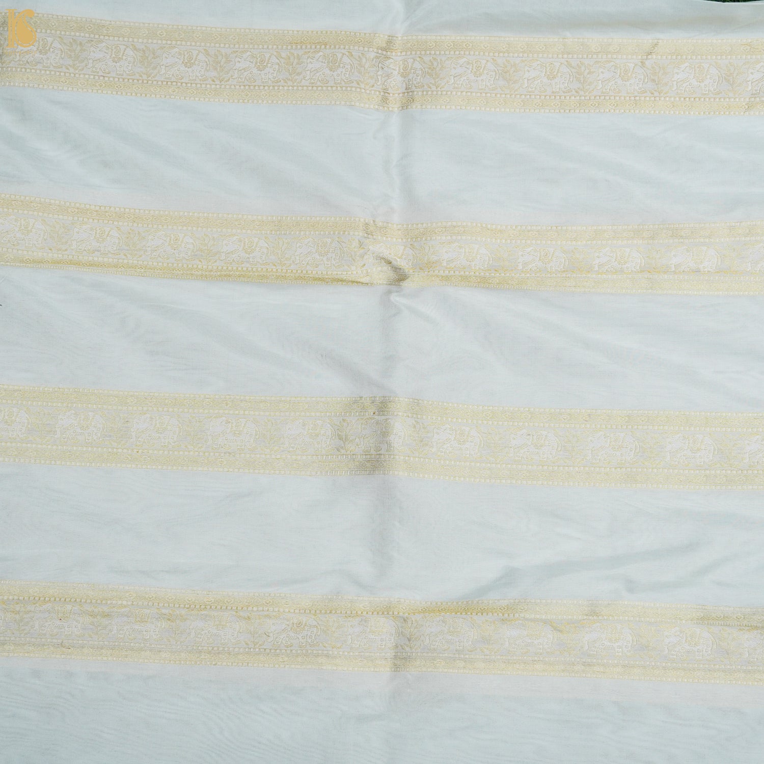 White Pure Katan Silk Banarasi Shikargah Stripes Fabric - Khinkhwab