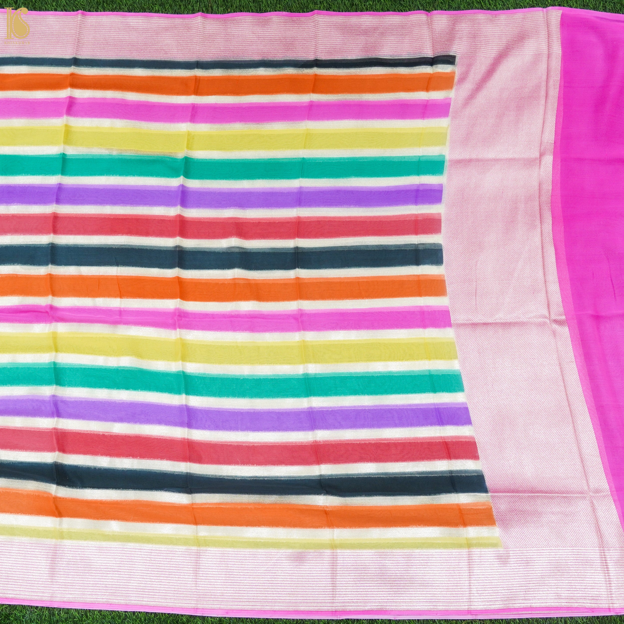 Multicolor Pure Georgette Handloom Banarasi Stripes Dupatta - Khinkhwab