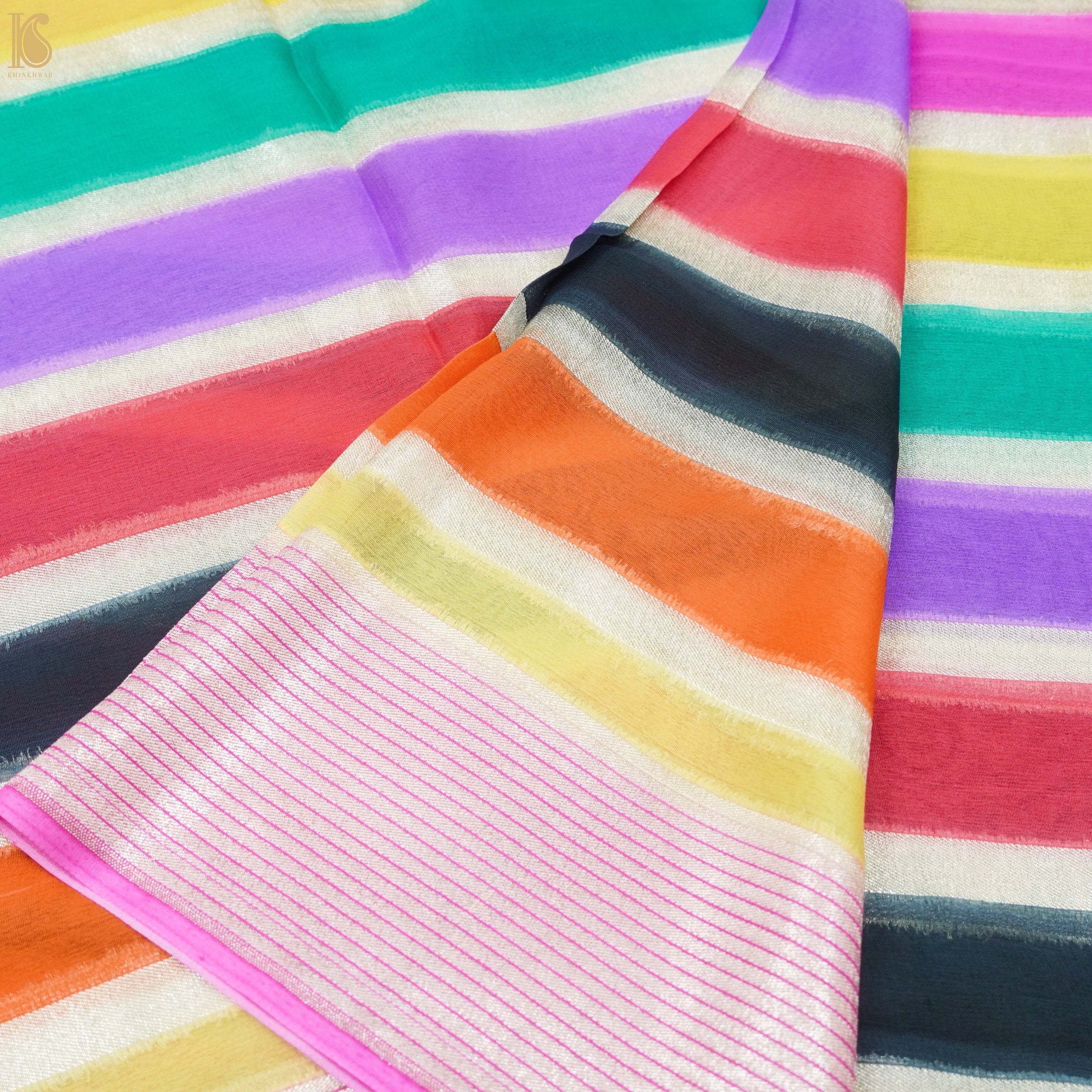 Multicolor Pure Georgette Handloom Banarasi Stripes Dupatta - Khinkhwab