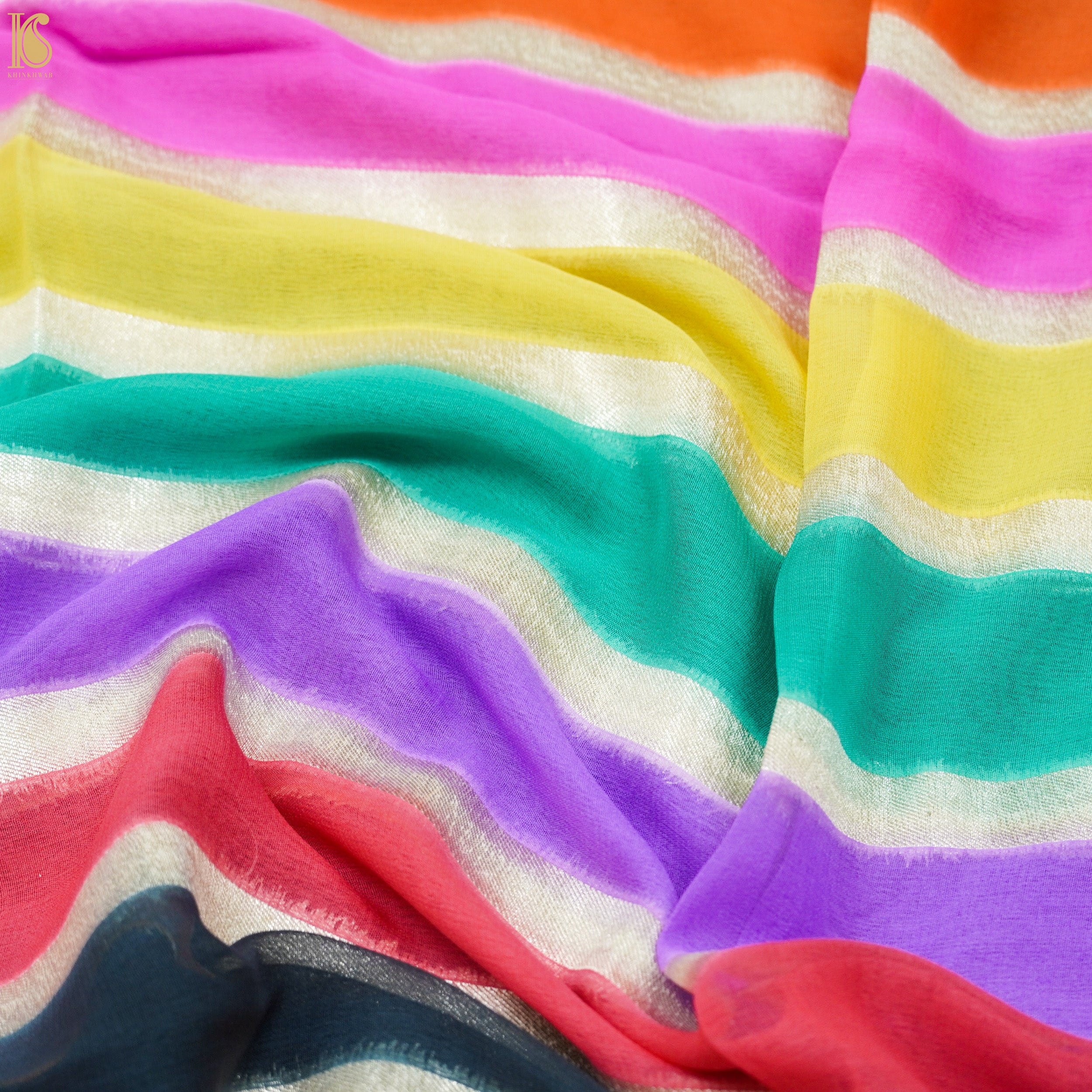 Multicolor Pure Georgette Handloom Banarasi Stripes Dupatta - Khinkhwab
