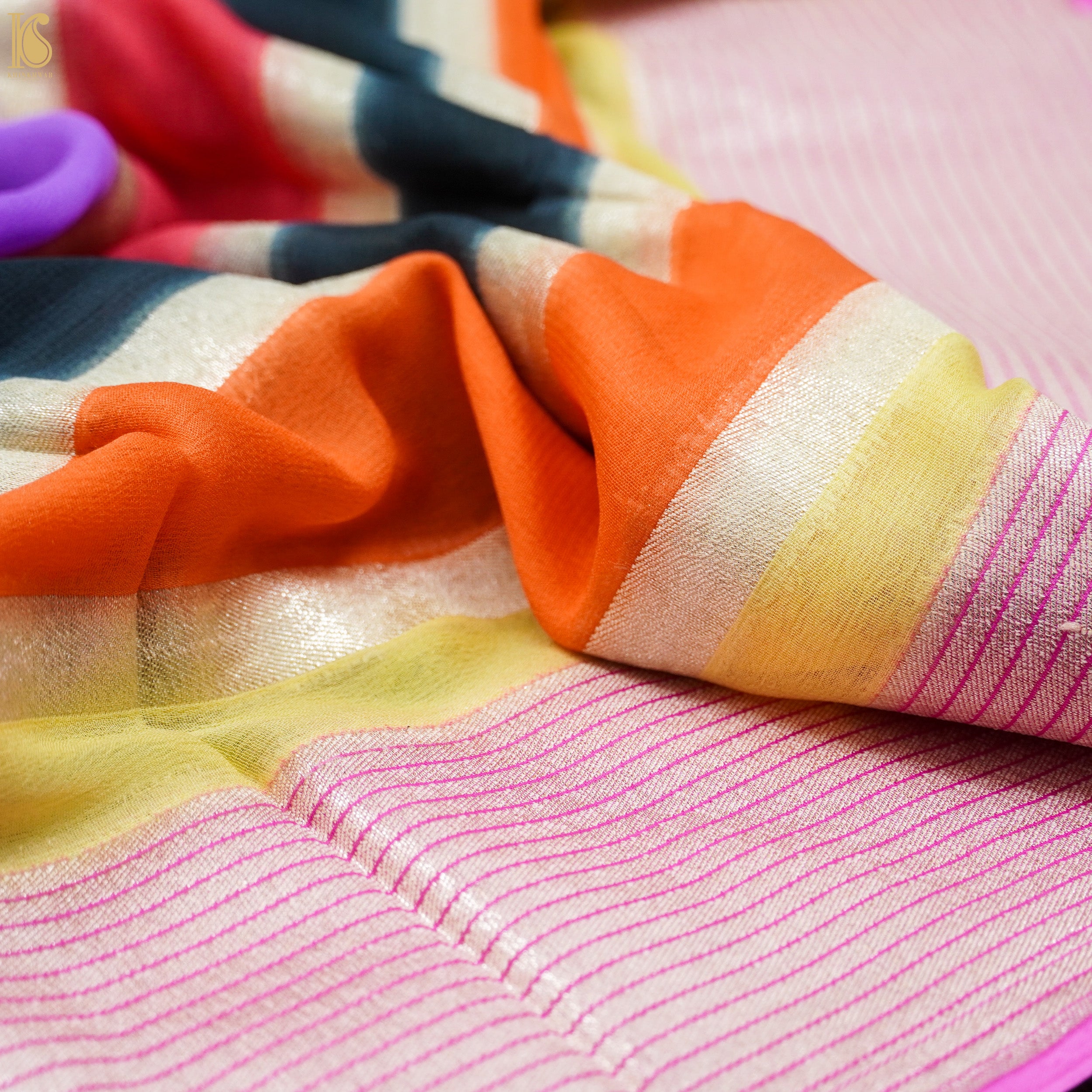 Multicolor Pure Georgette Handloom Banarasi Stripes Dupatta - Khinkhwab