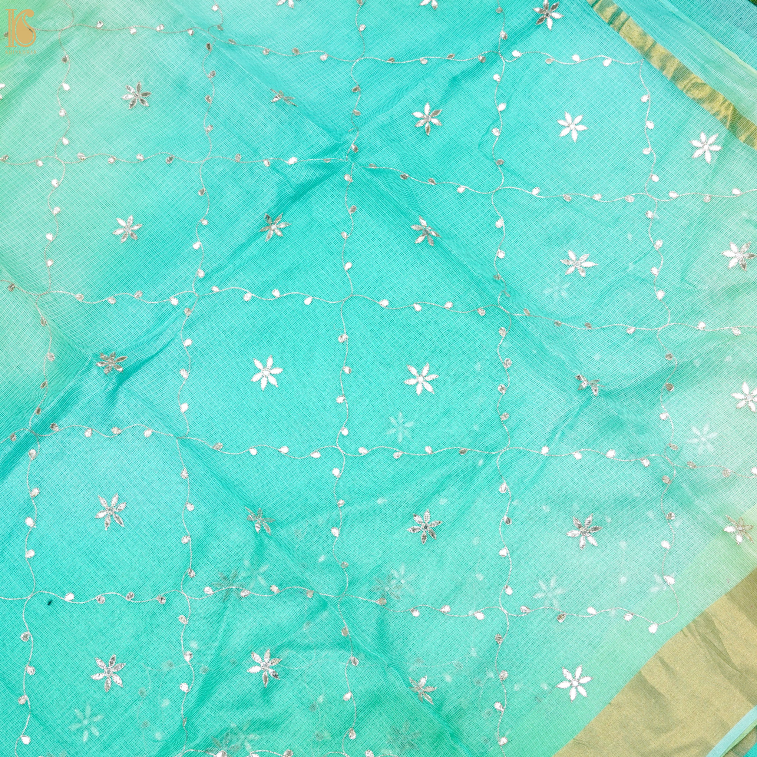Turquoise Blue Handloom Pure Kota Silk Gotta Patti Saree - Khinkhwab