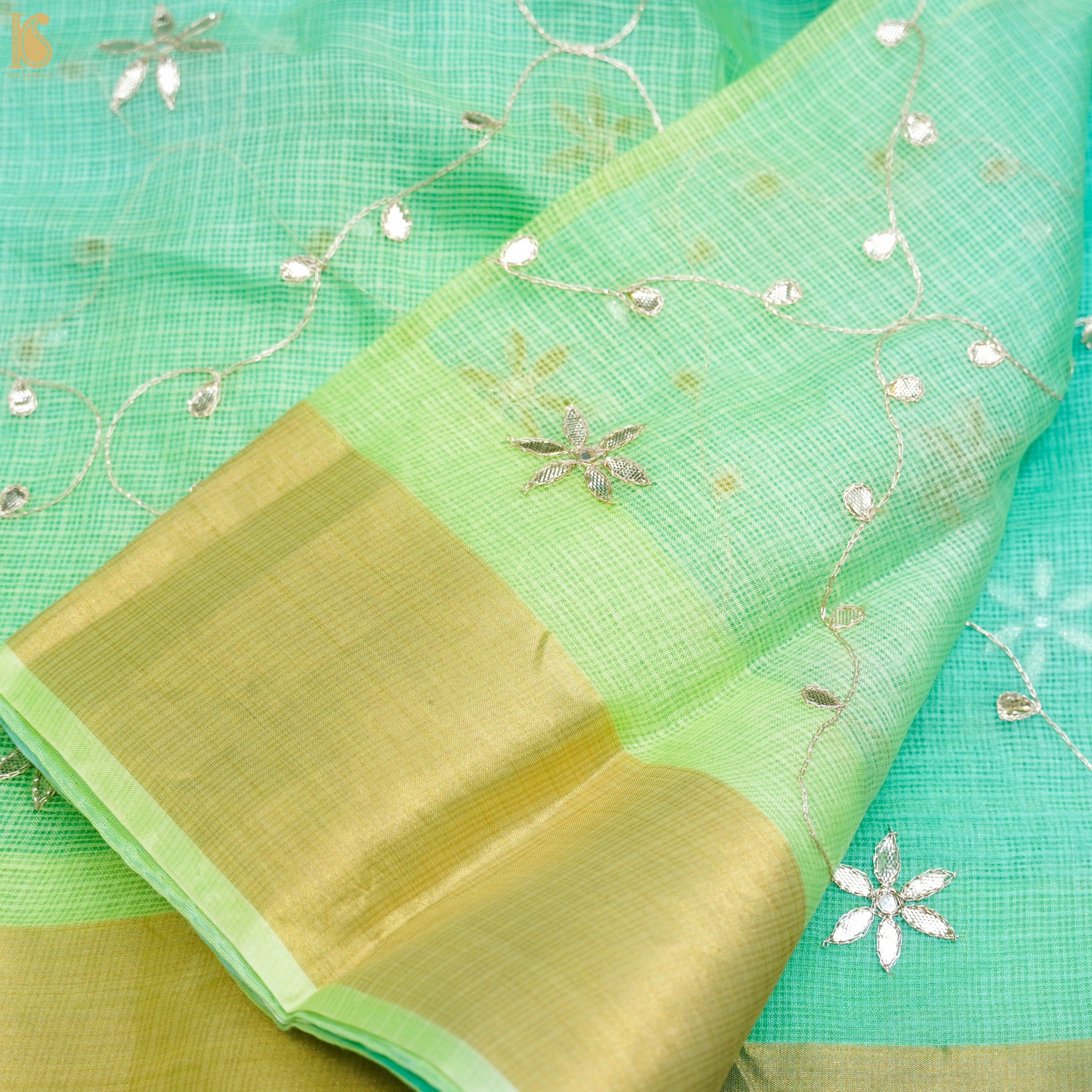 Turquoise Blue Handloom Pure Kota Silk Gotta Patti Saree - Khinkhwab