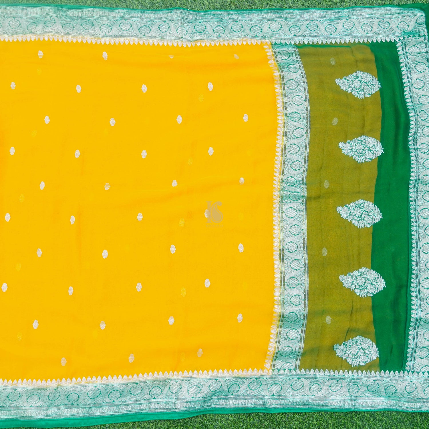 Yellow & Green Pure Georgette Handloom Banarasi Saree - Khinkhwab