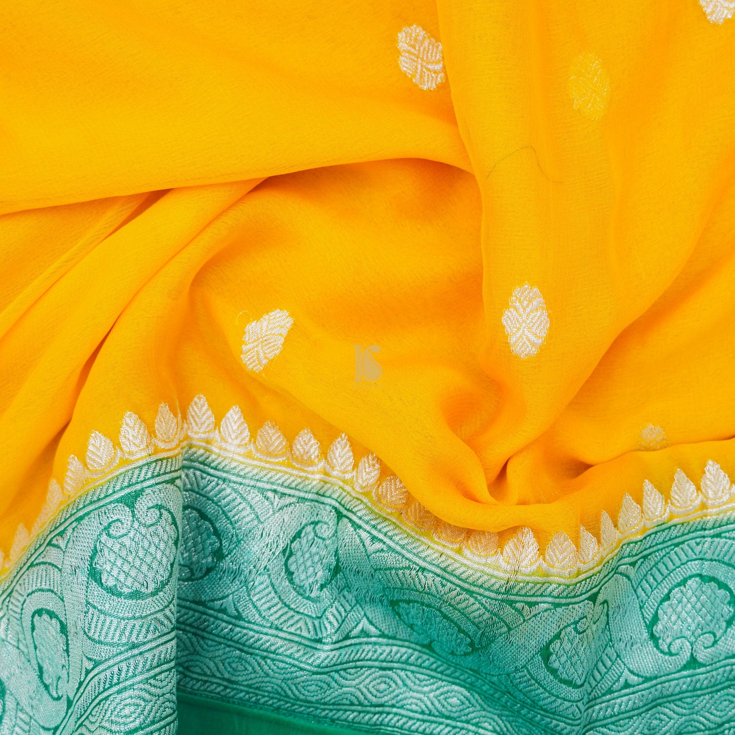 Yellow & Green Pure Georgette Handloom Banarasi Saree - Khinkhwab