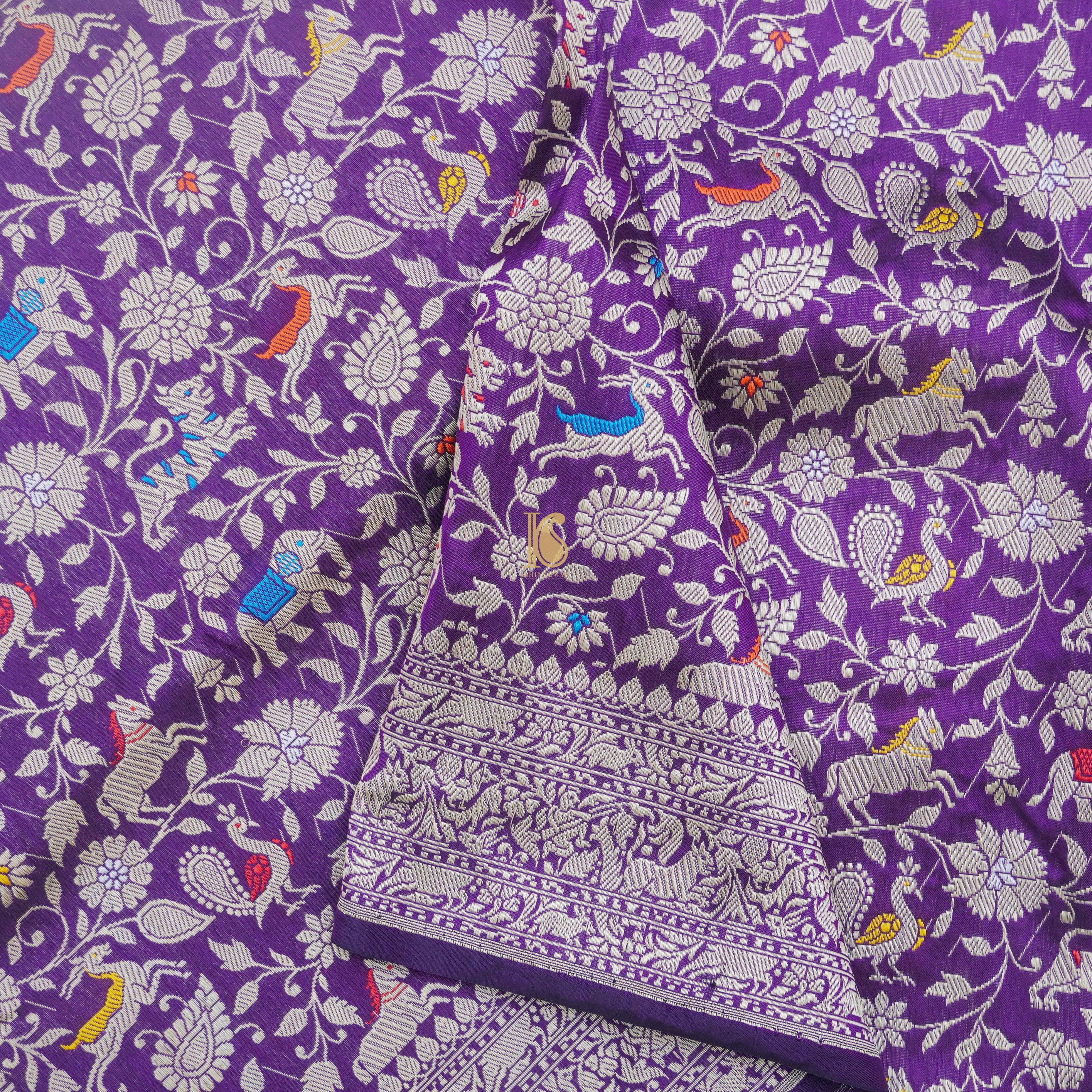Handloom Katan Silk Purple Banarasi Shikargah Saree - Khinkhwab
