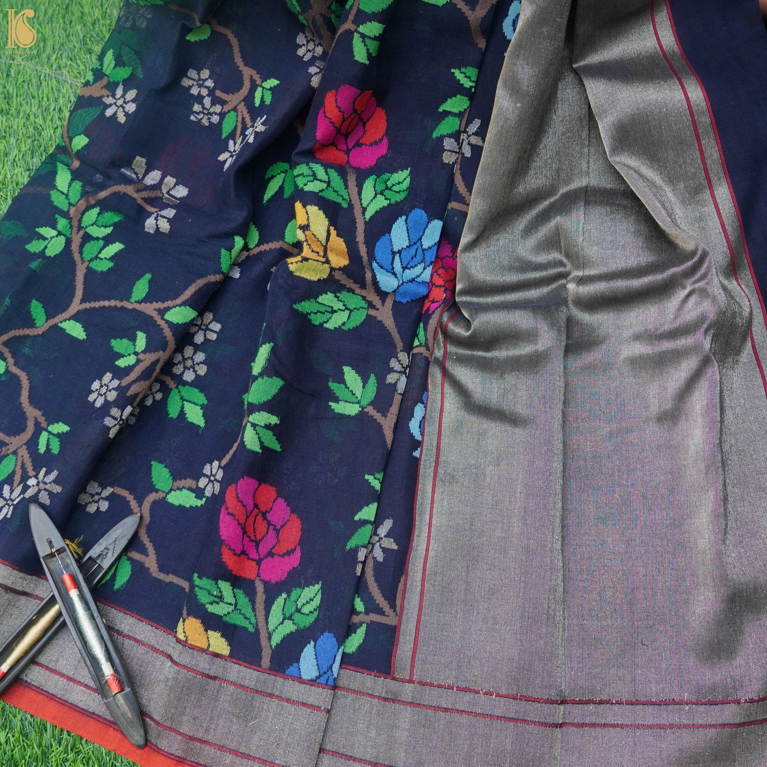 Pure Cotton Real Silver Zari Handloom Neelambari Banarasi Saree - Khinkhwab