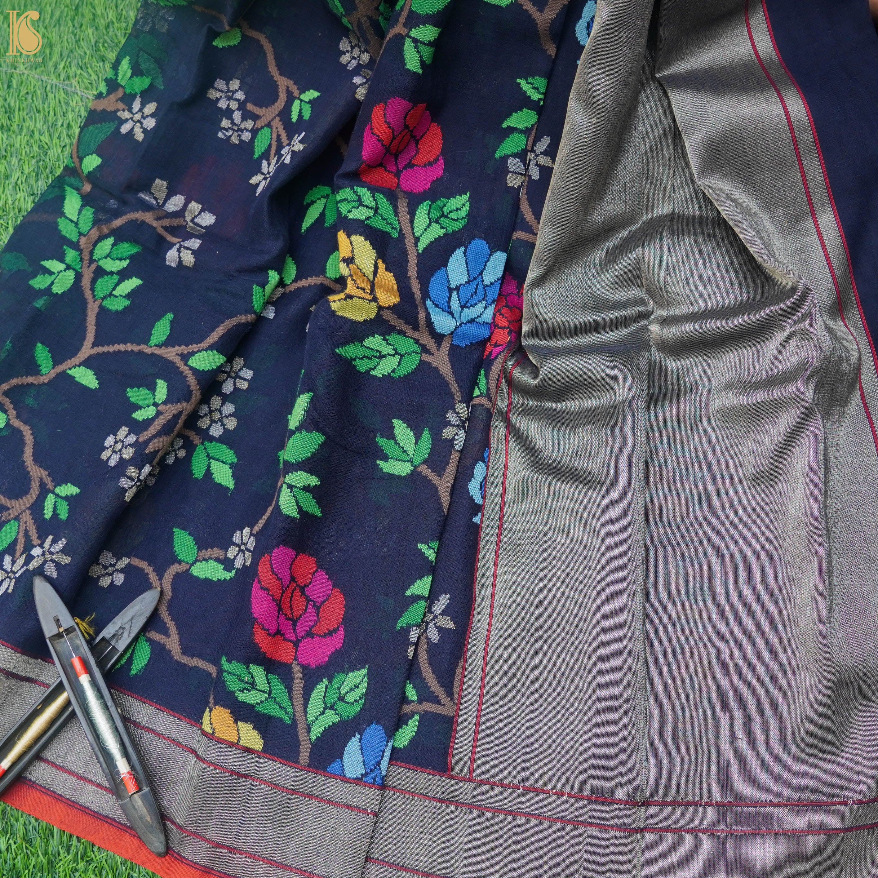Pure Cotton Real Silver Zari Handloom Neelambari Banarasi Saree - Khinkhwab