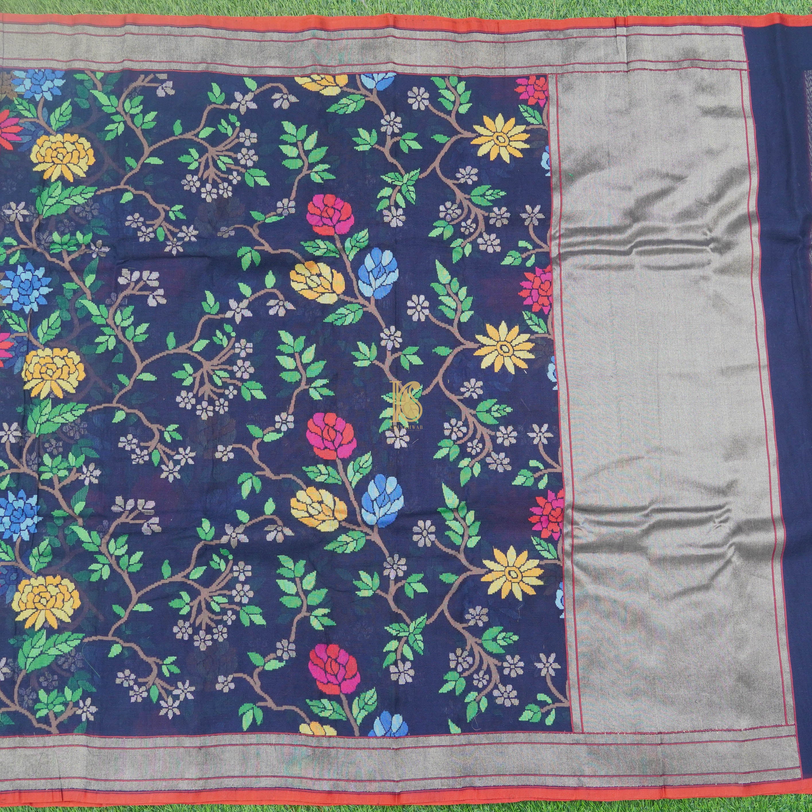 Pure Cotton Real Silver Zari Handloom Neelambari Banarasi Saree - Khinkhwab