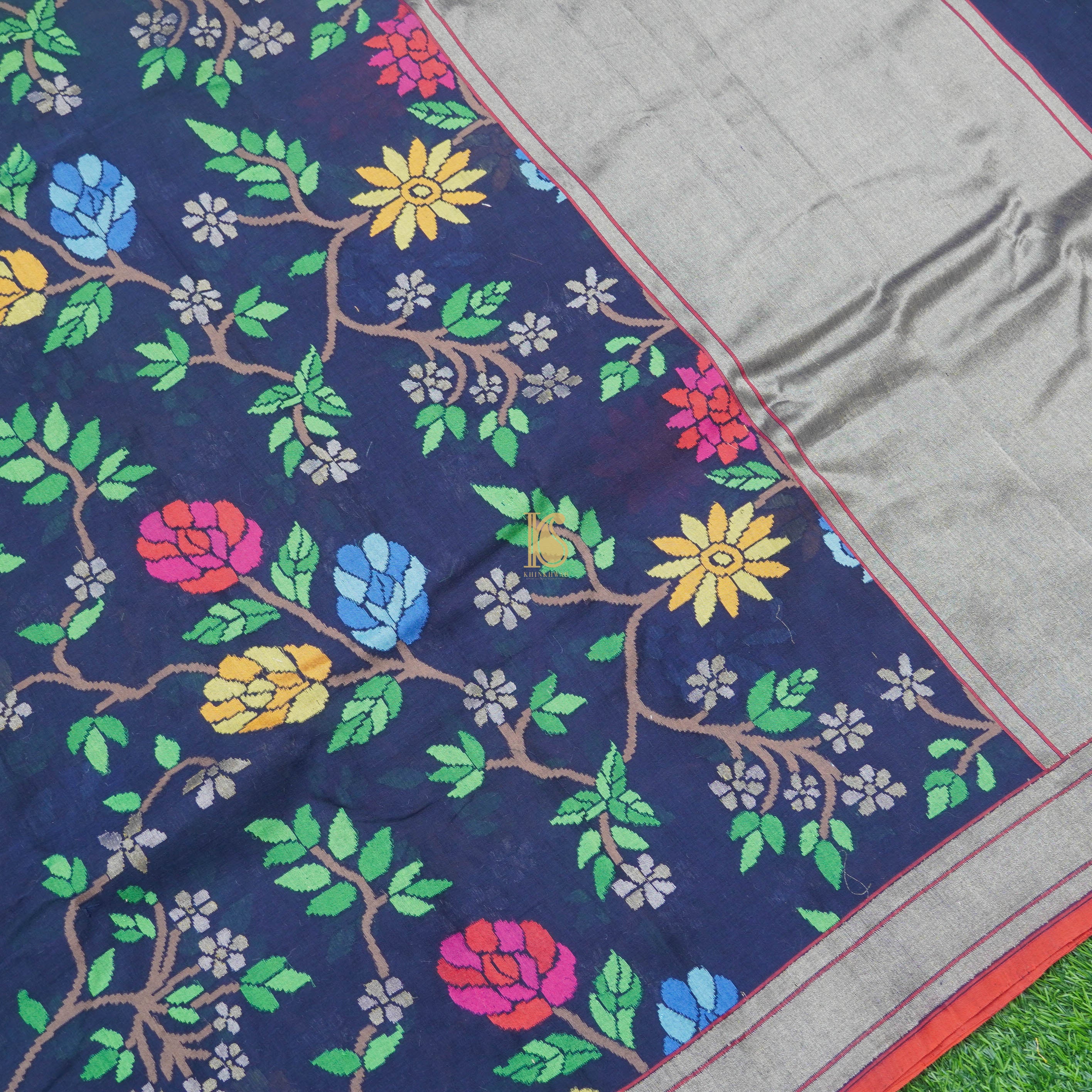 Pure Cotton Real Silver Zari Handloom Neelambari Banarasi Saree - Khinkhwab