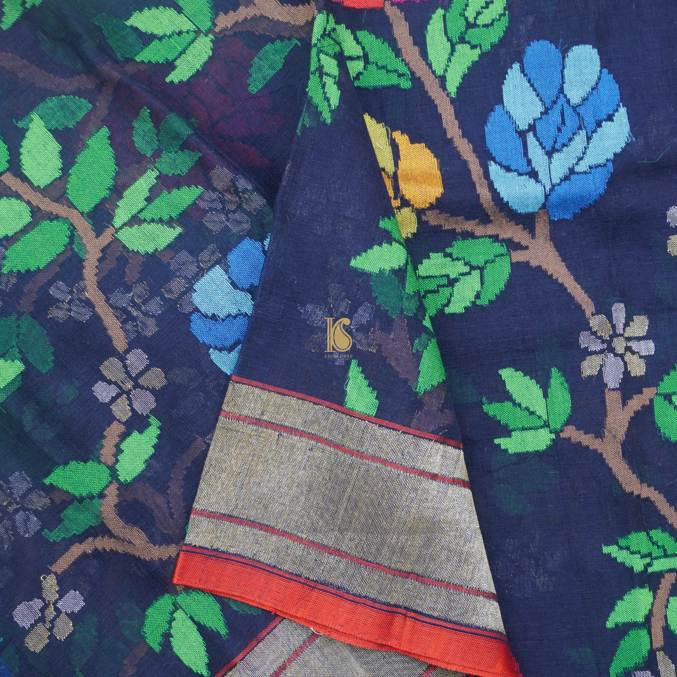 Pure Cotton Real Silver Zari Handloom Neelambari Banarasi Saree - Khinkhwab