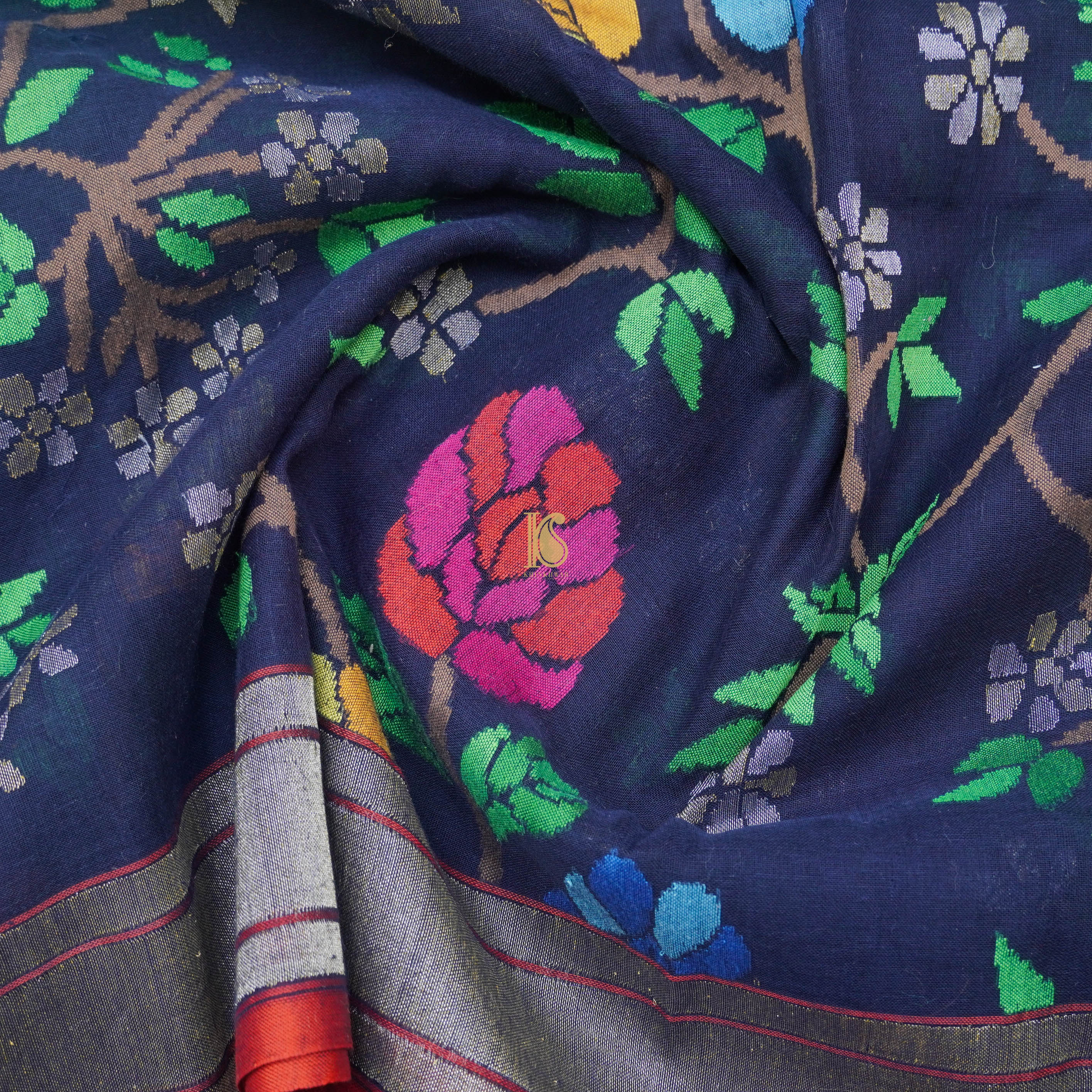 Pure Cotton Real Silver Zari Handloom Neelambari Banarasi Saree - Khinkhwab