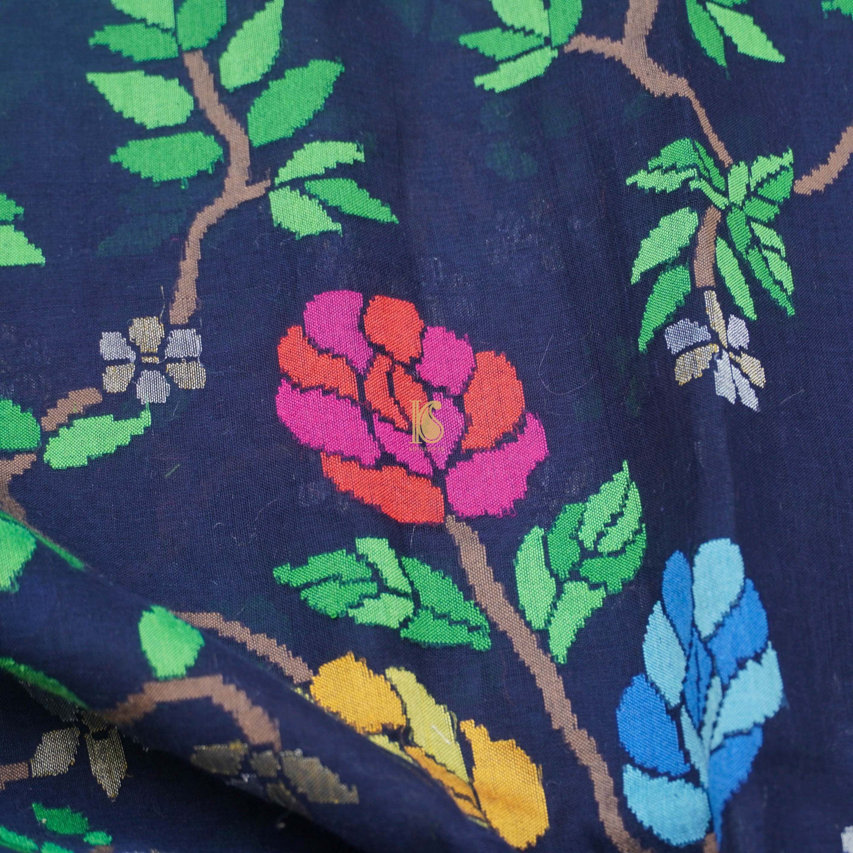 Pure Cotton Real Silver Zari Handloom Neelambari Banarasi Saree - Khinkhwab
