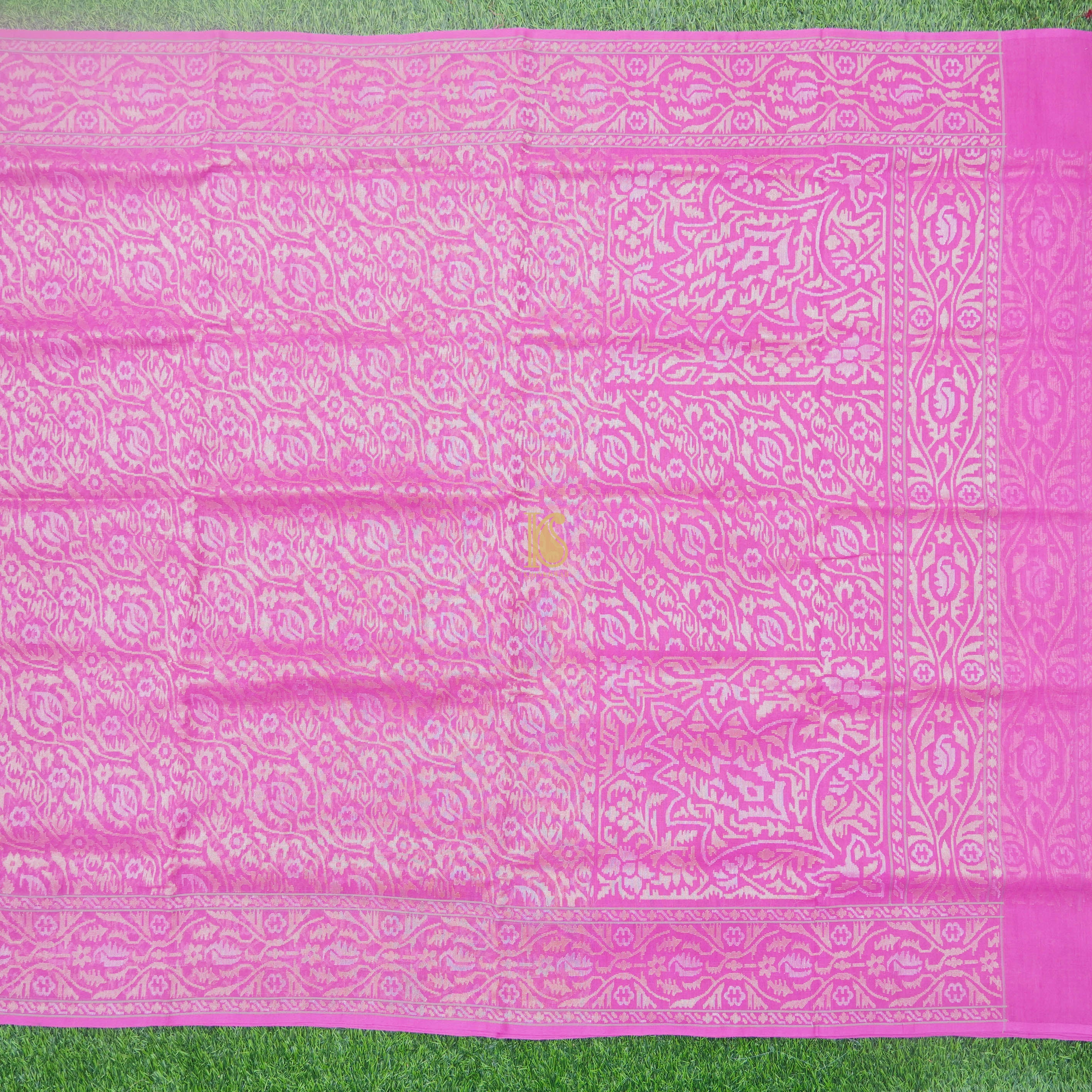 Pure Cotton Real Silver Zari Handloom Pink Banarasi Saree - Khinkhwab