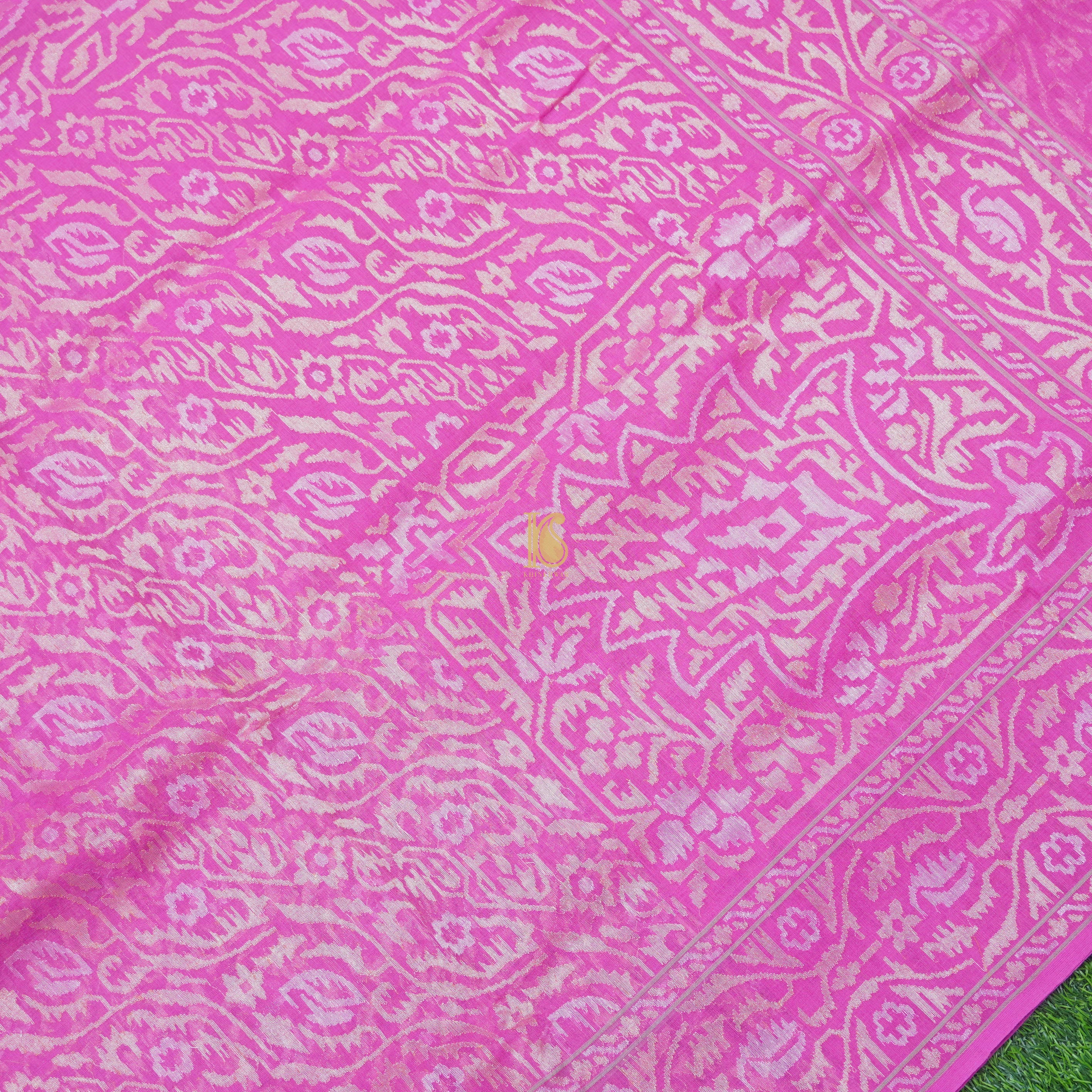 Pure Cotton Real Silver Zari Handloom Pink Banarasi Saree - Khinkhwab