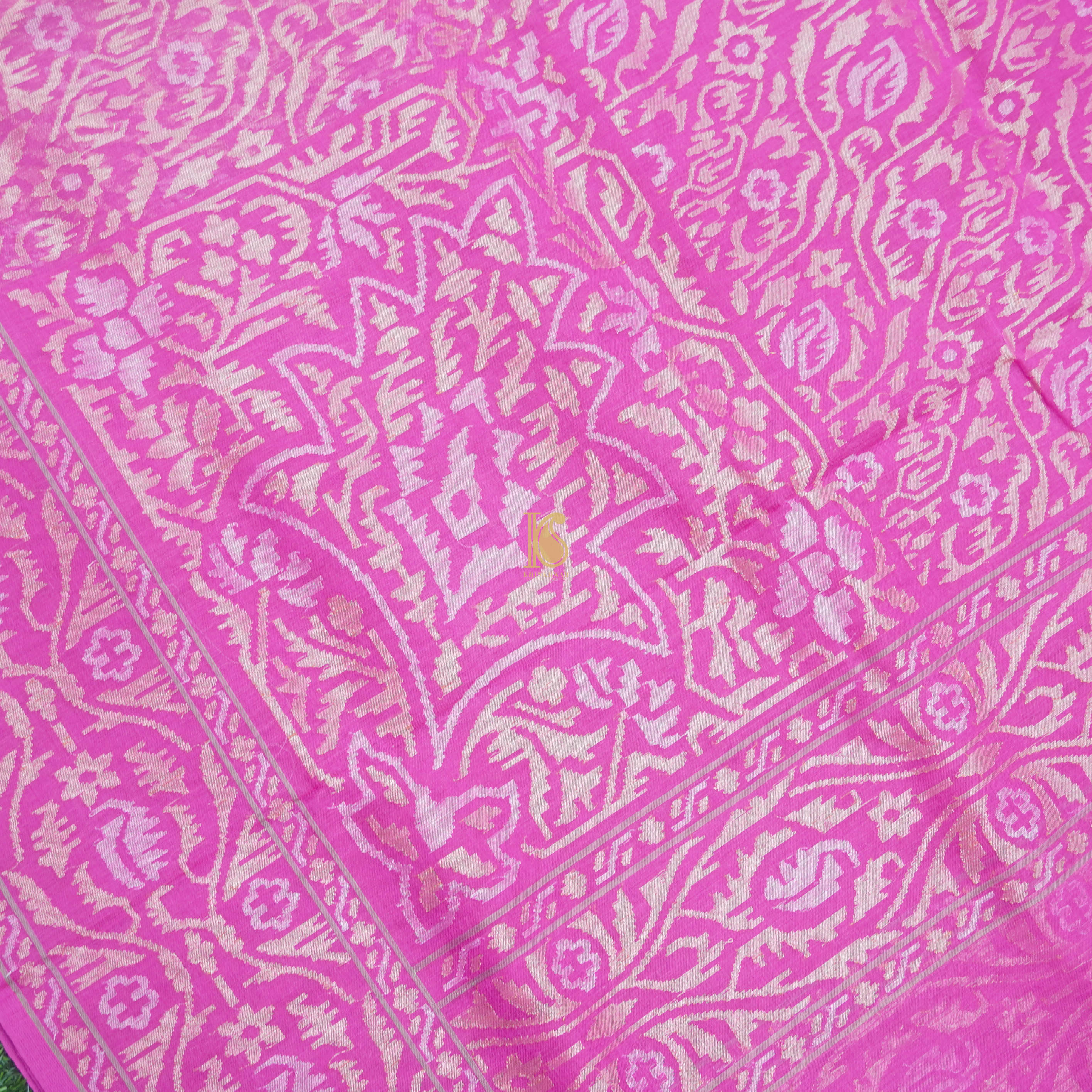 Pure Cotton Real Silver Zari Handloom Pink Banarasi Saree - Khinkhwab