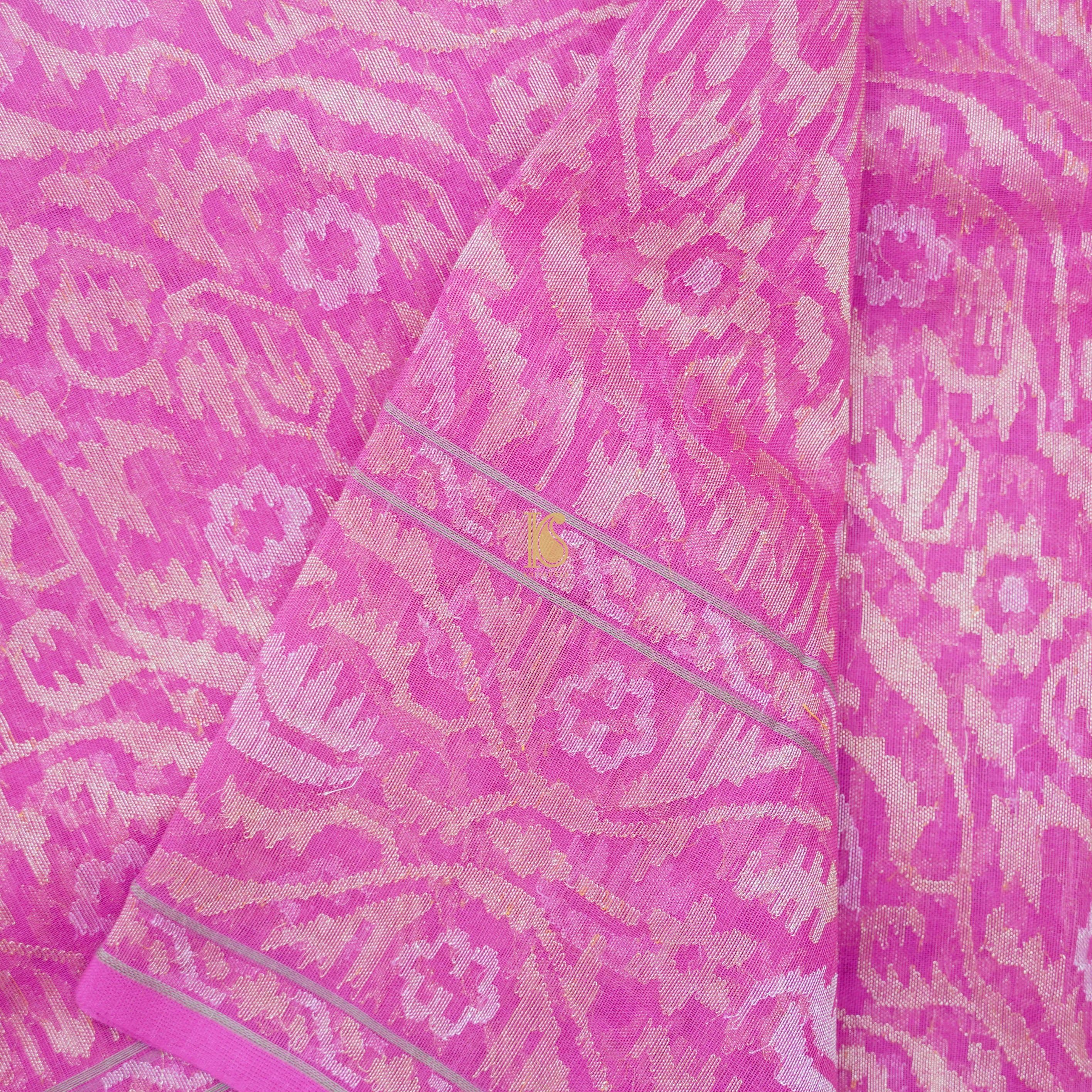 Pure Cotton Real Silver Zari Handloom Pink Banarasi Saree - Khinkhwab