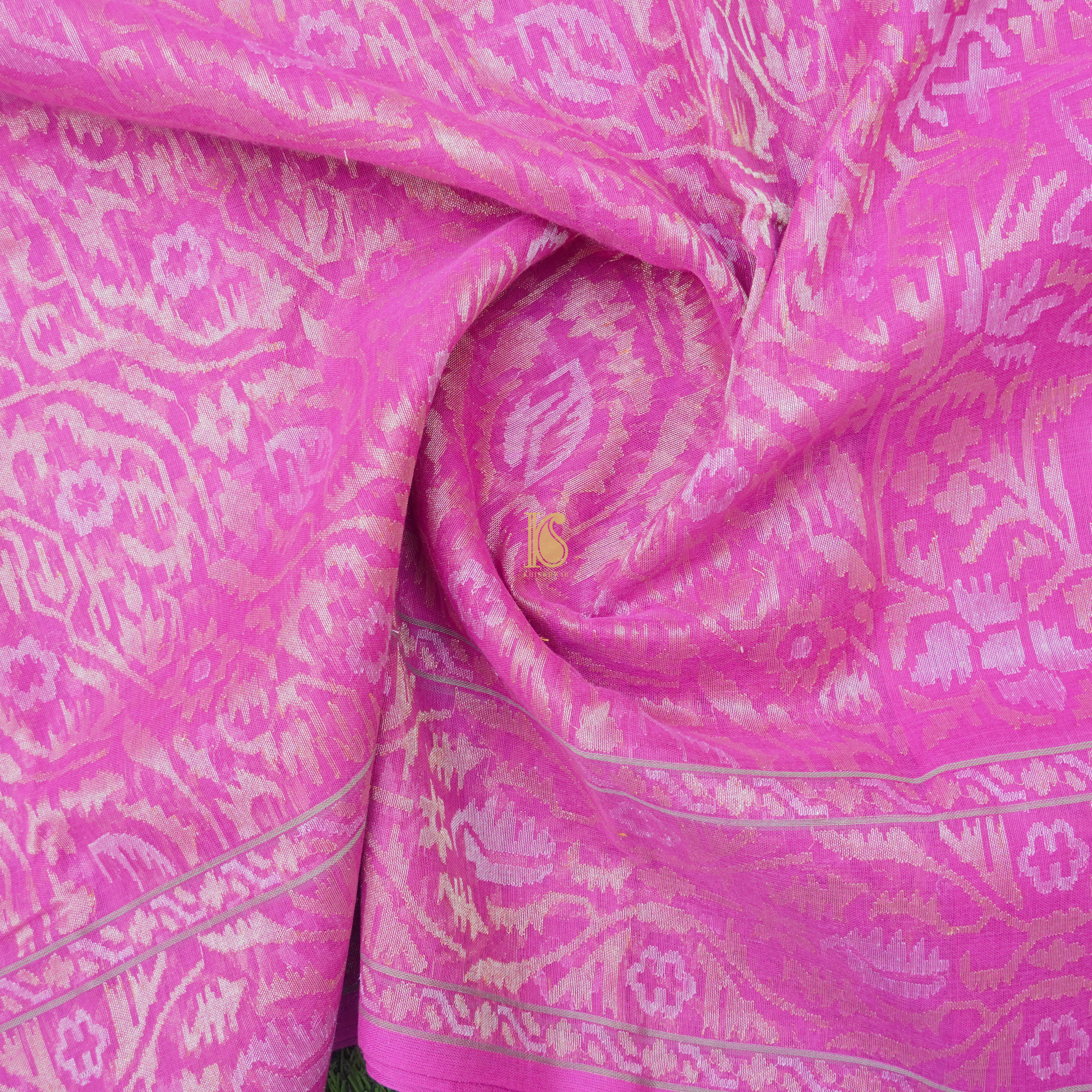 Pure Cotton Real Silver Zari Handloom Pink Banarasi Saree - Khinkhwab
