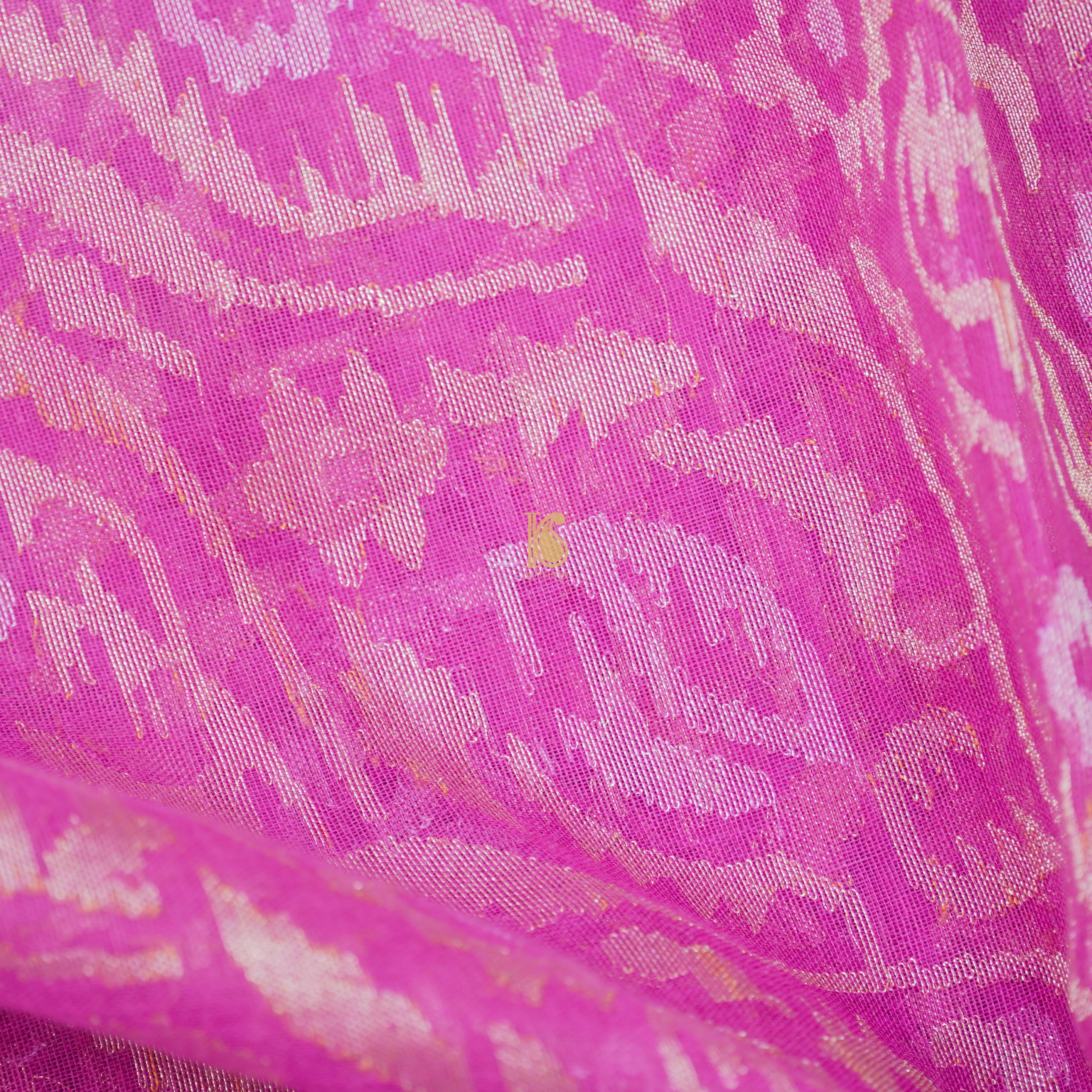Pure Cotton Real Silver Zari Handloom Pink Banarasi Saree - Khinkhwab
