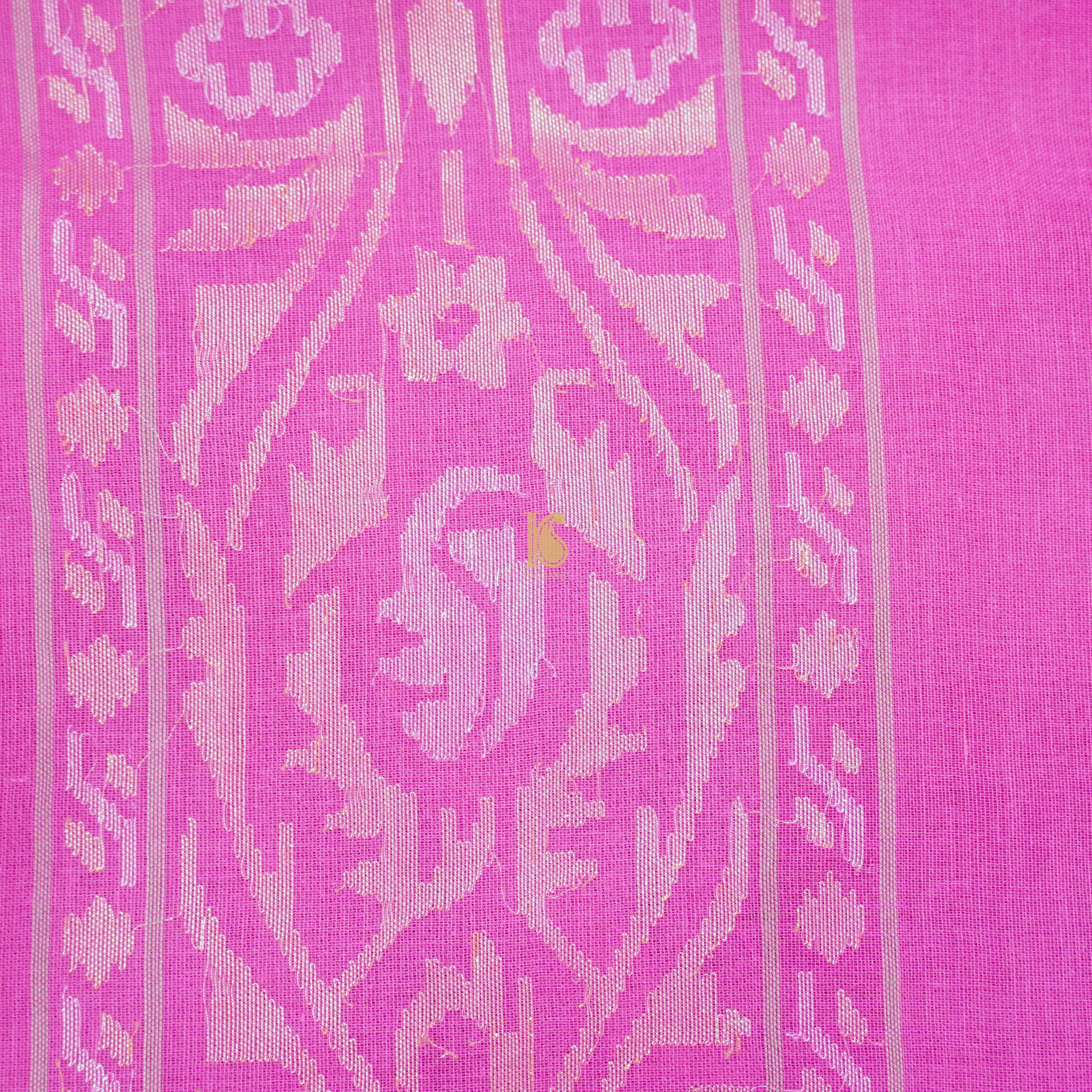 Pure Cotton Real Silver Zari Handloom Pink Banarasi Saree - Khinkhwab