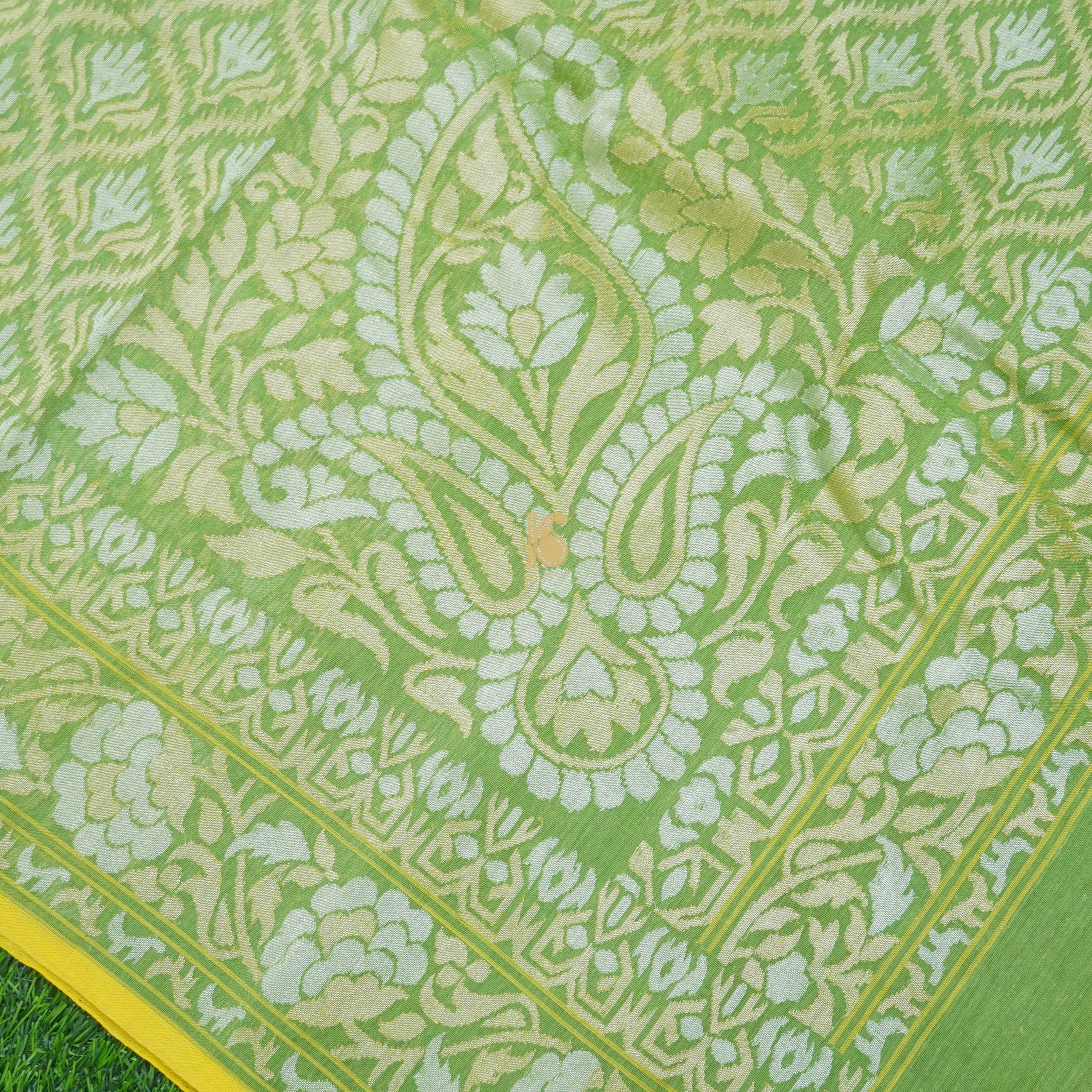 Pure Cotton Real Silver Zari Handloom Green Banarasi Saree - Khinkhwab