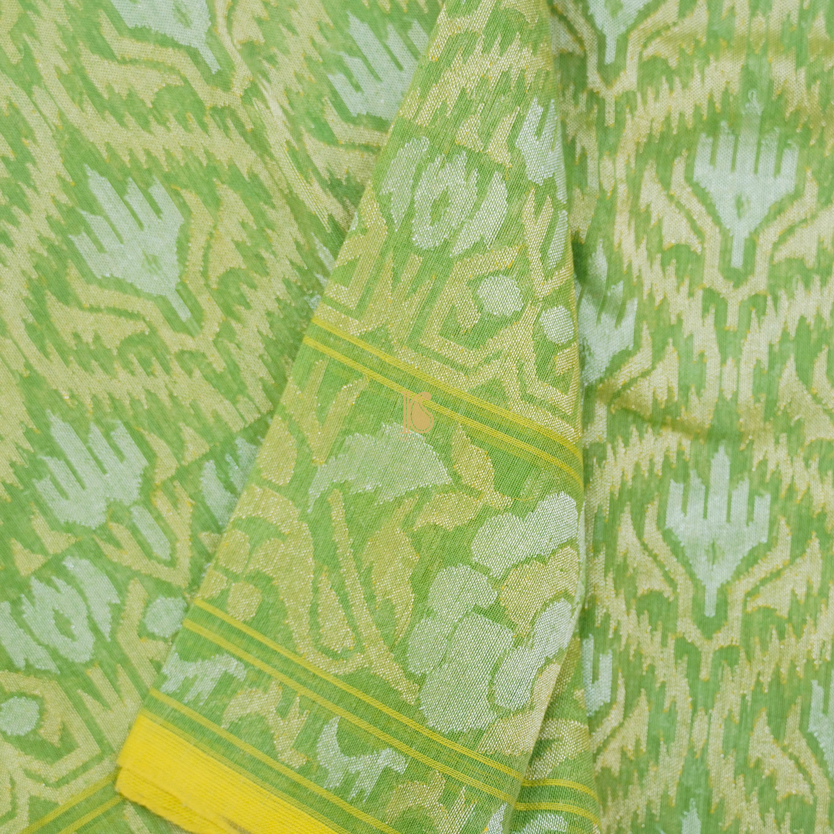 Pure Cotton Real Silver Zari Handloom Green Banarasi Saree - Khinkhwab