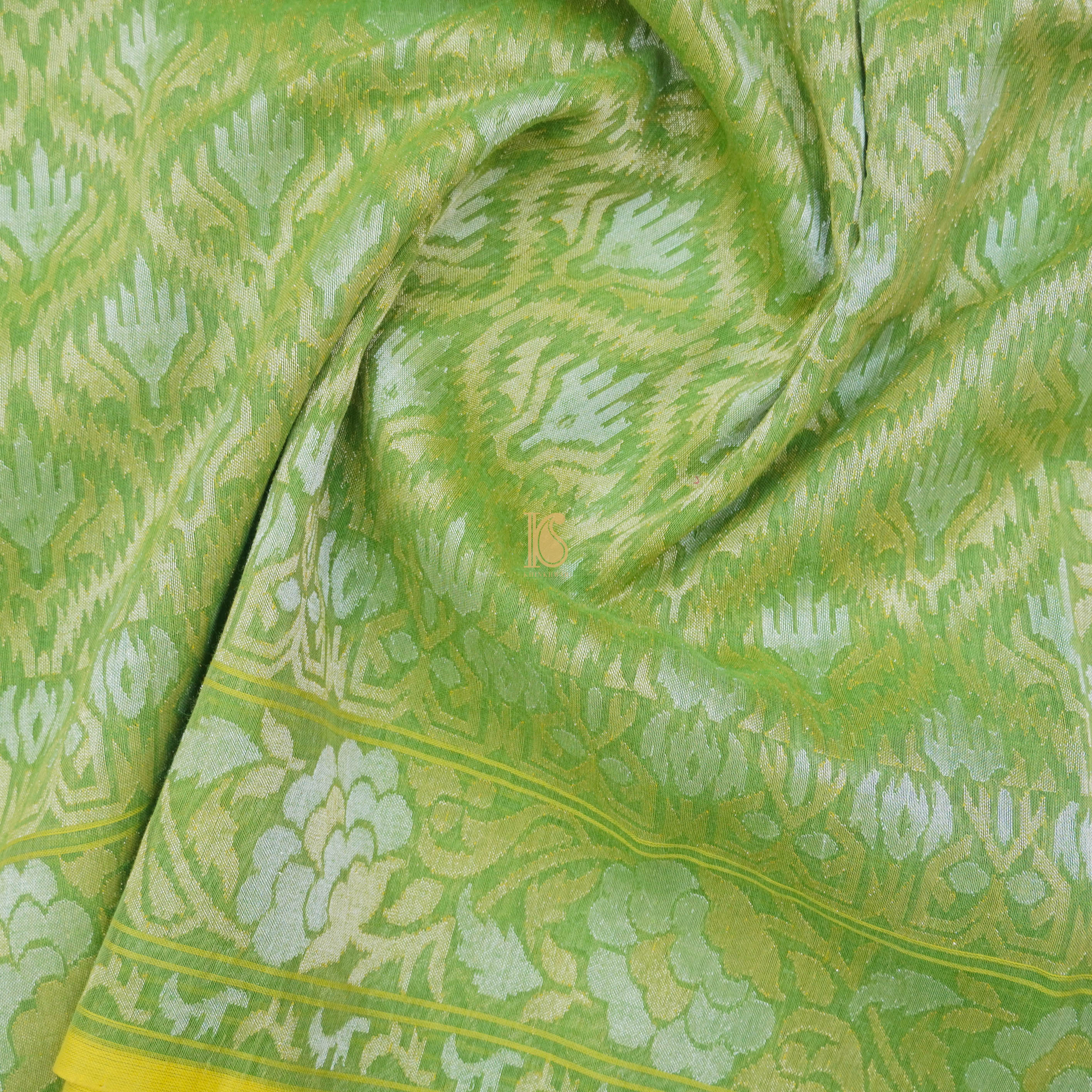 Pure Cotton Real Silver Zari Handloom Green Banarasi Saree - Khinkhwab