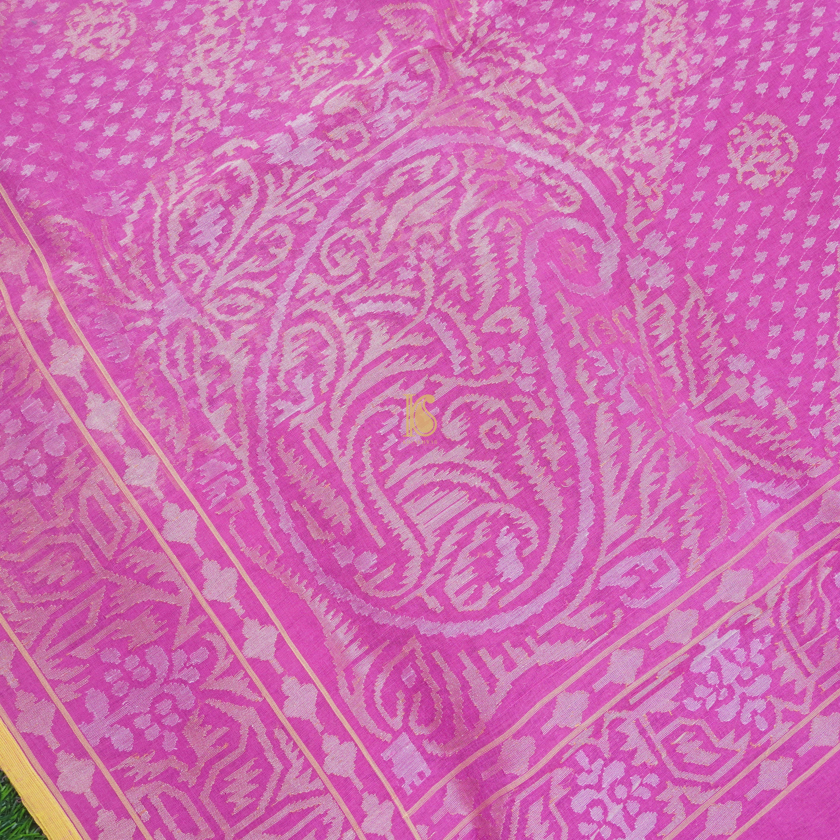 Pure Cotton Real Silver Zari Handloom Pink Banarasi Saree - Khinkhwab