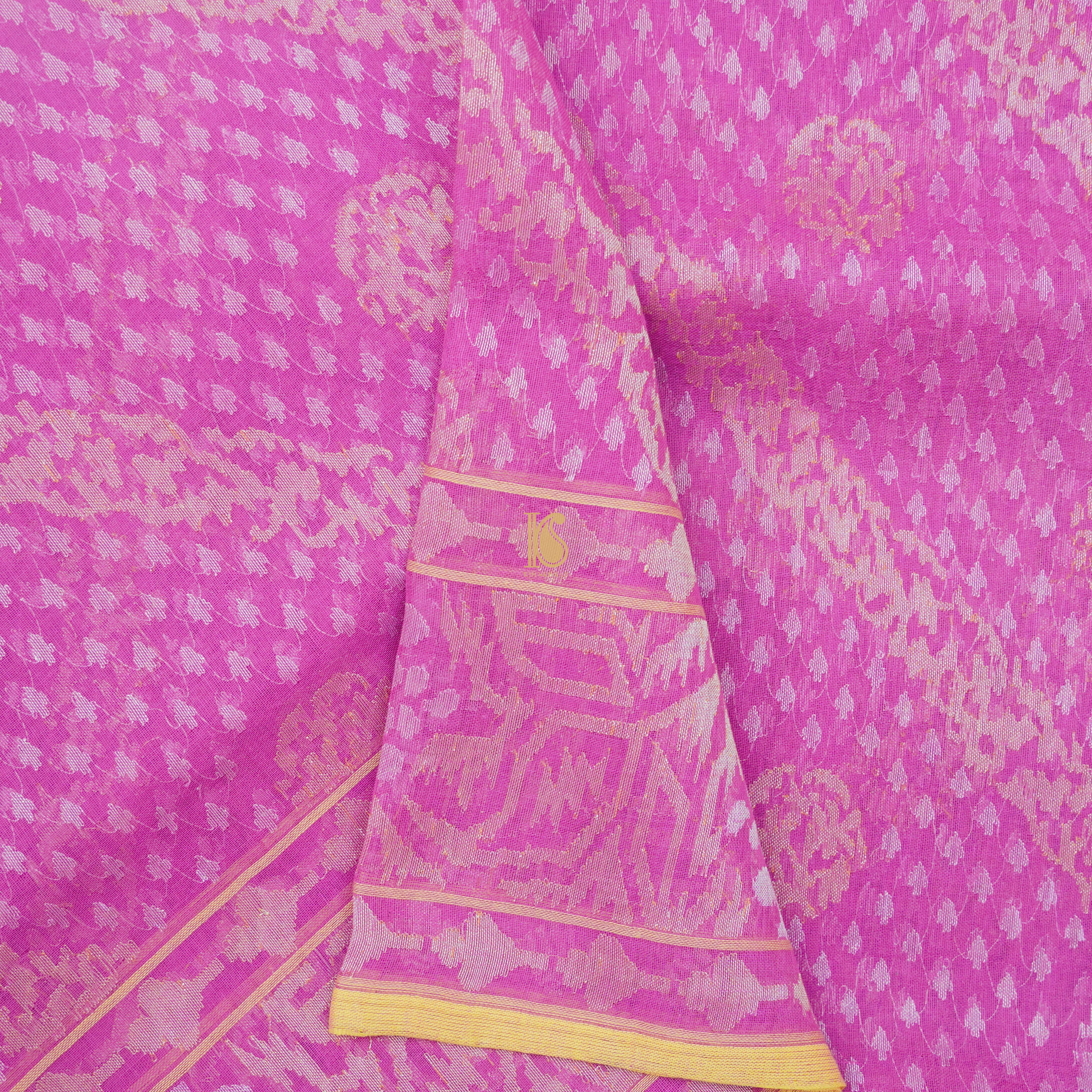 Pure Cotton Real Silver Zari Handloom Pink Banarasi Saree - Khinkhwab