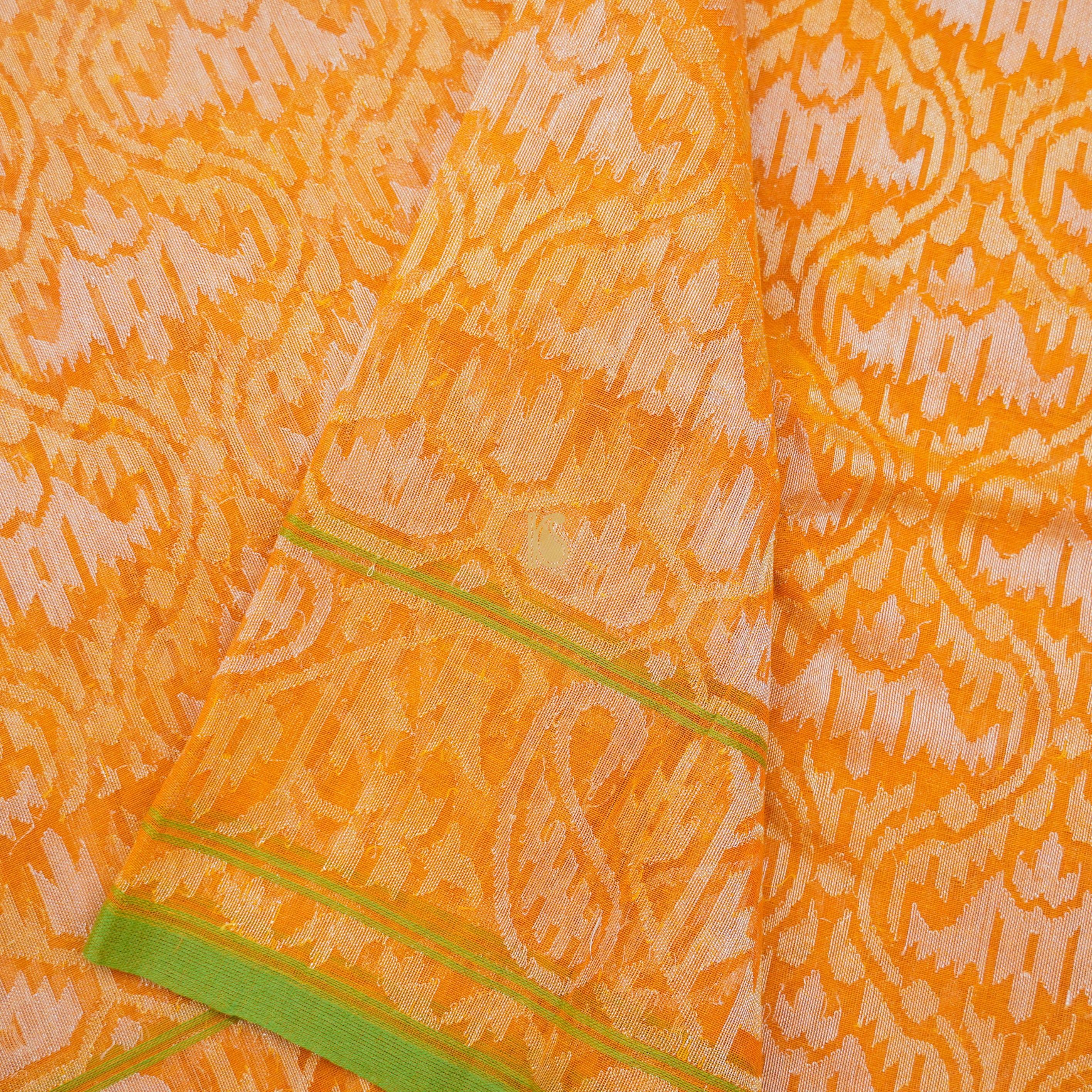 Pure Cotton Real Silver Zari Handloom Orange Banarasi Saree - Khinkhwab