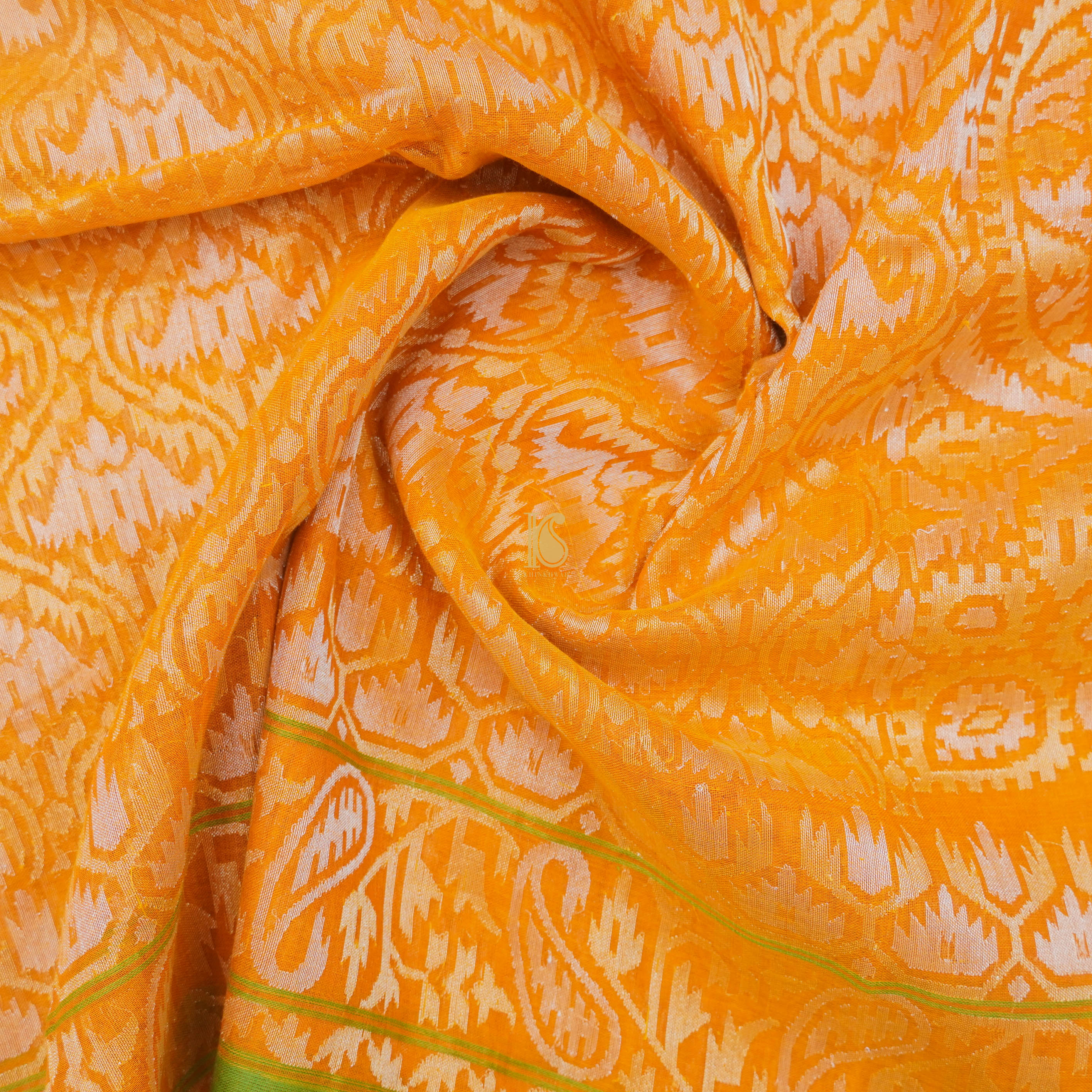 Pure Cotton Real Silver Zari Handloom Orange Banarasi Saree - Khinkhwab