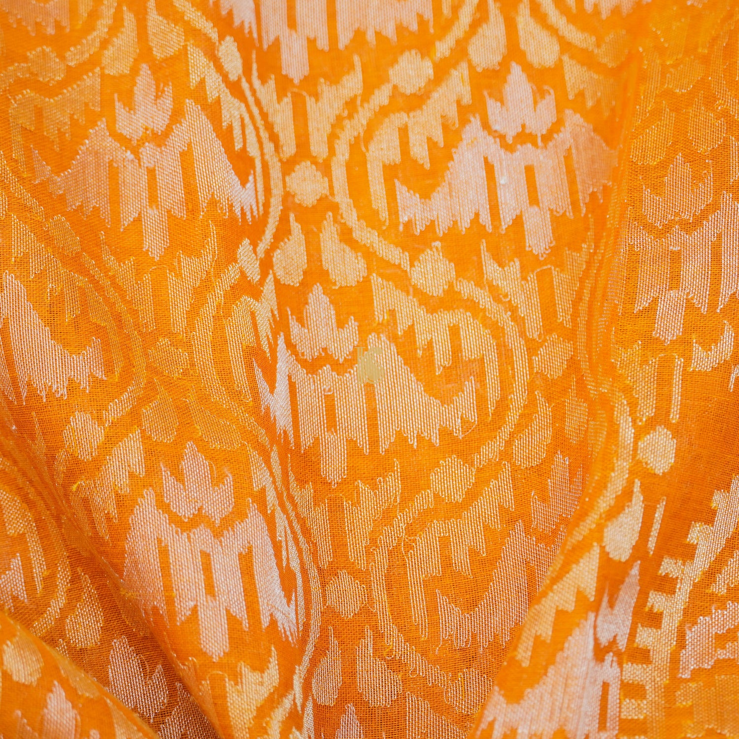Pure Cotton Real Silver Zari Handloom Orange Banarasi Saree - Khinkhwab