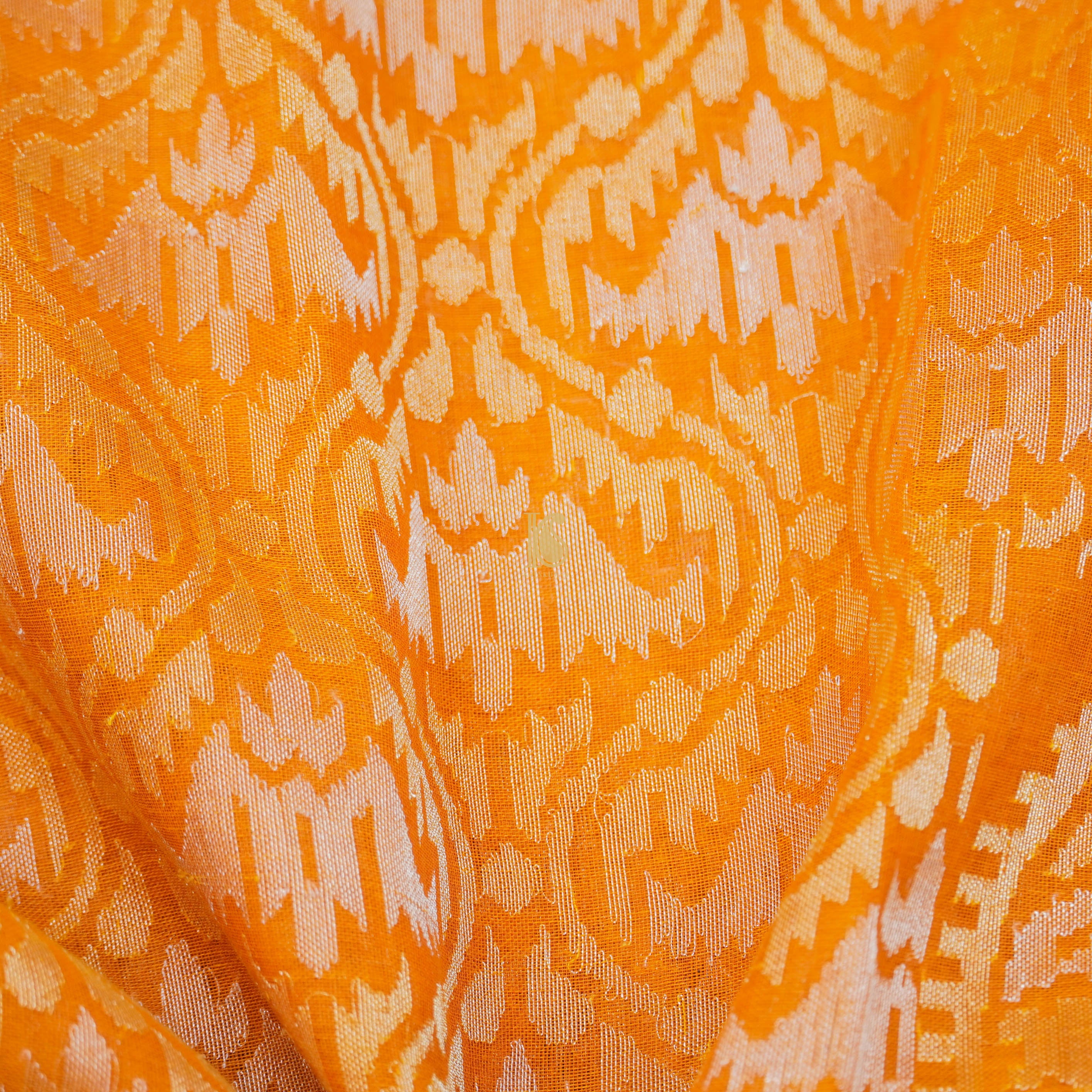 Pure Cotton Real Silver Zari Handloom Orange Banarasi Saree - Khinkhwab