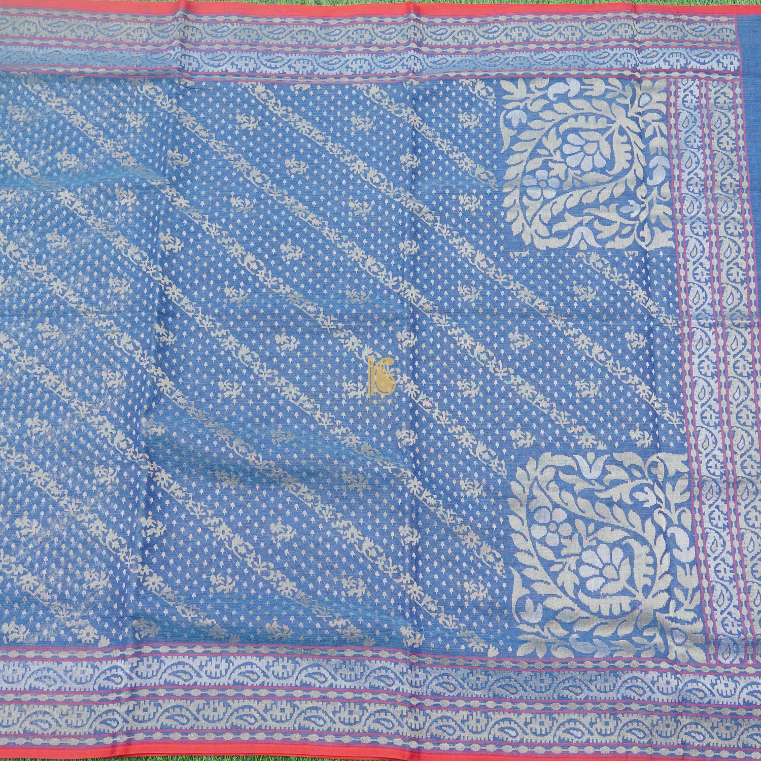 Pure Cotton Neelambari Real Silver Zari Handloom Banarasi Saree - Khinkhwab