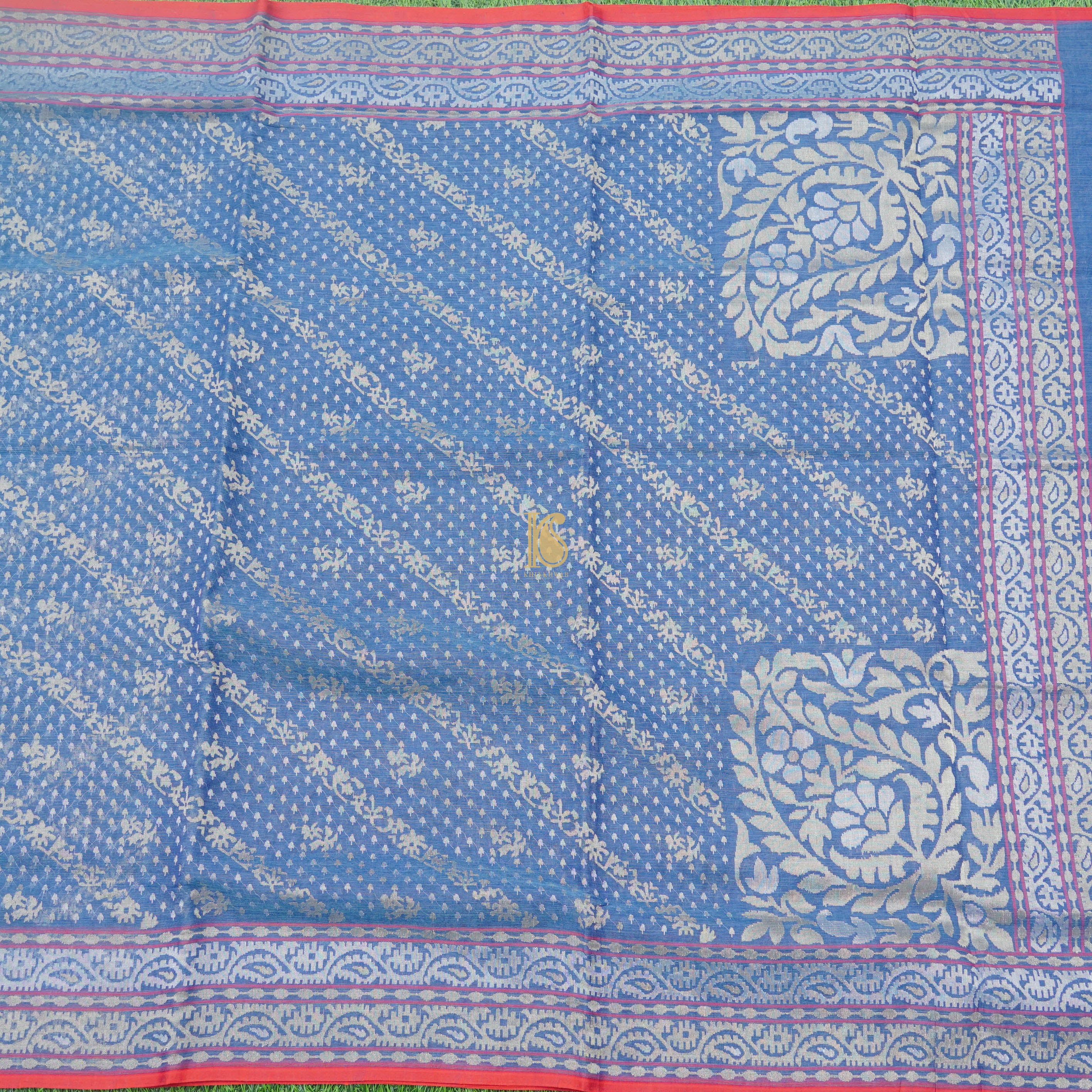 Pure Cotton Neelambari Real Silver Zari Handloom Banarasi Saree - Khinkhwab