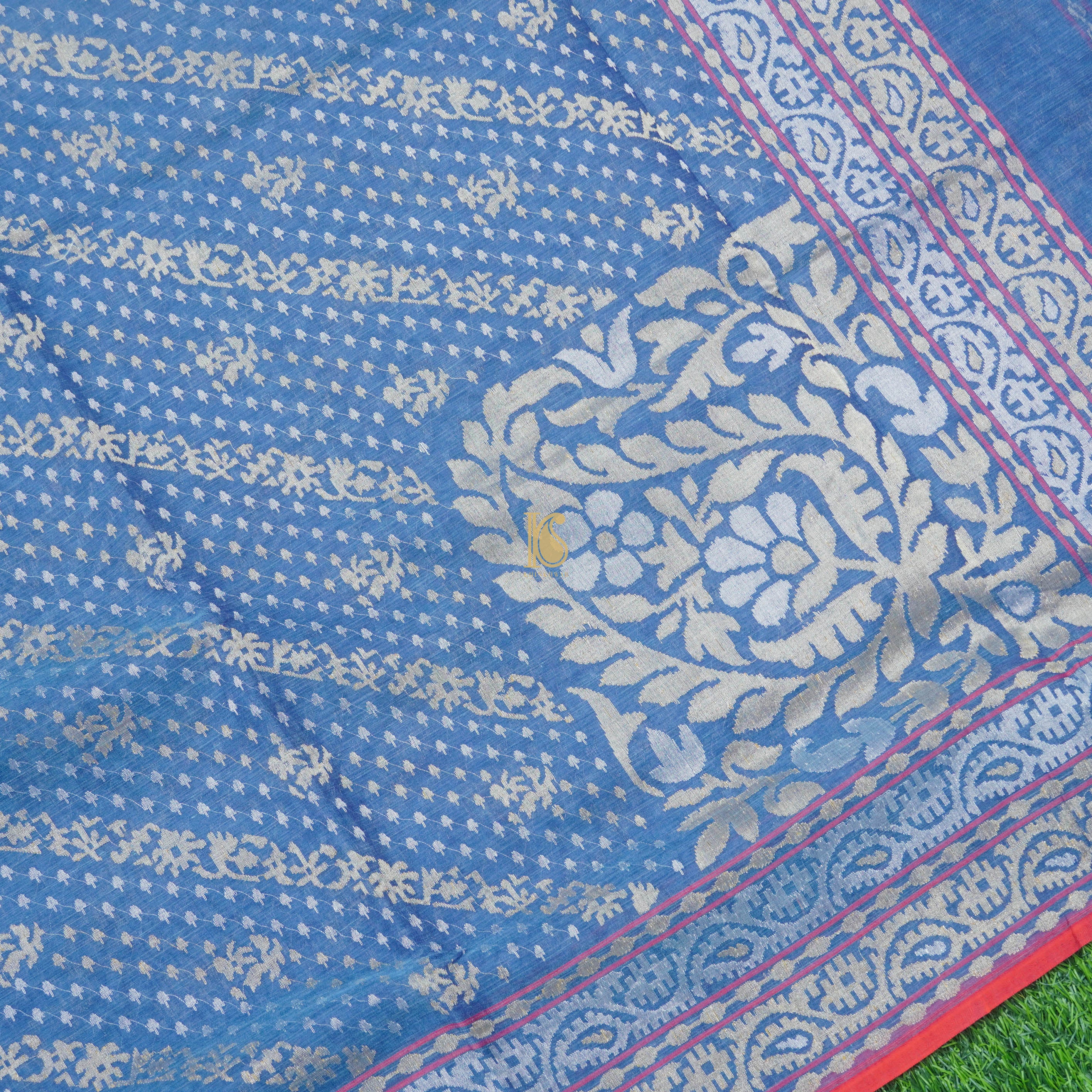 Pure Cotton Neelambari Real Silver Zari Handloom Banarasi Saree - Khinkhwab
