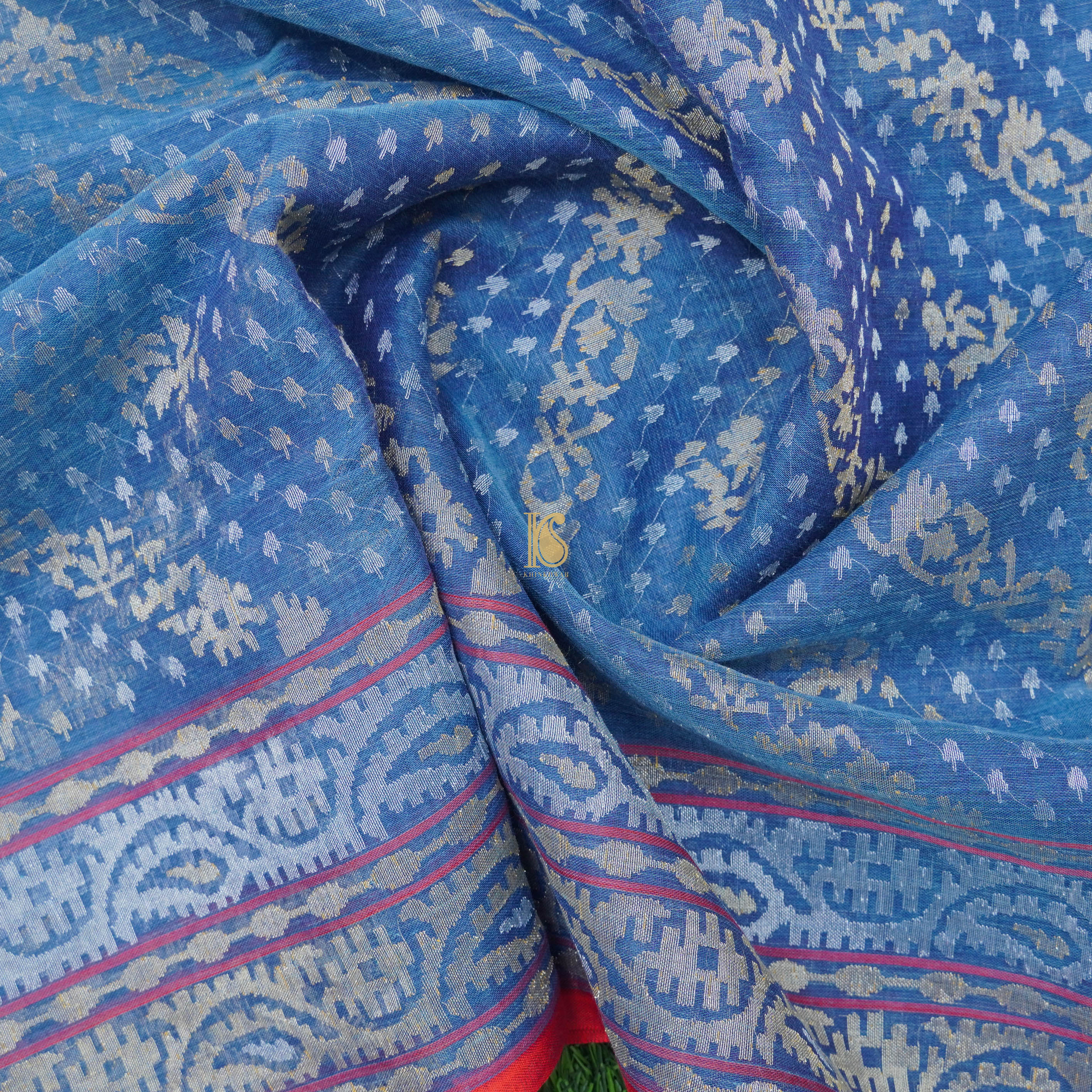 Pure Cotton Neelambari Real Silver Zari Handloom Banarasi Saree - Khinkhwab