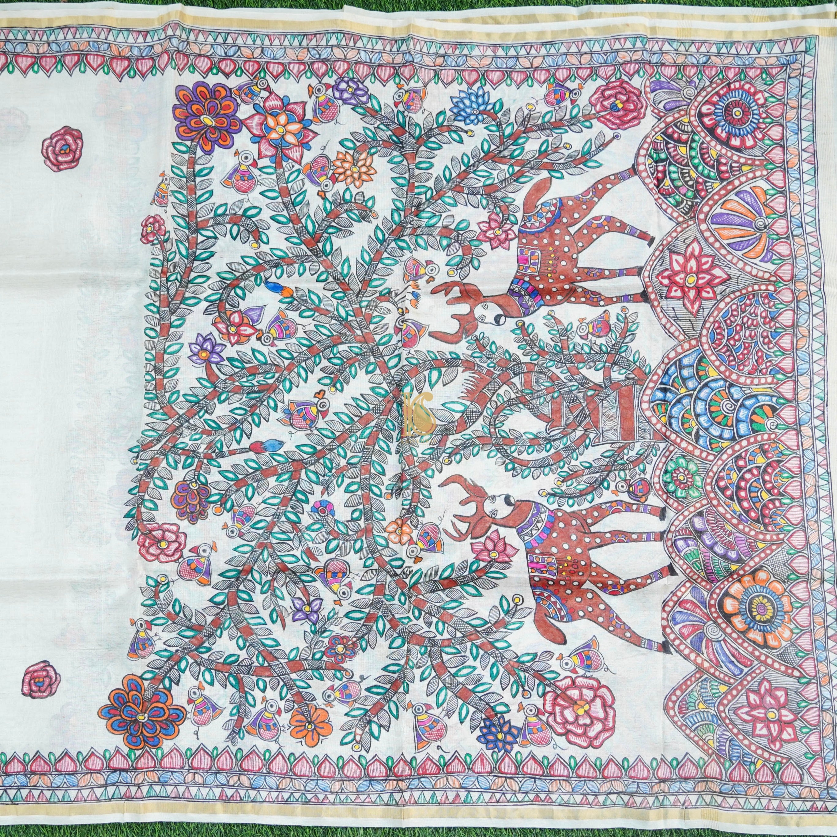 White Pure Tussar Silk Hand Painted Madhubani Deer Dupatta - Khinkhwab