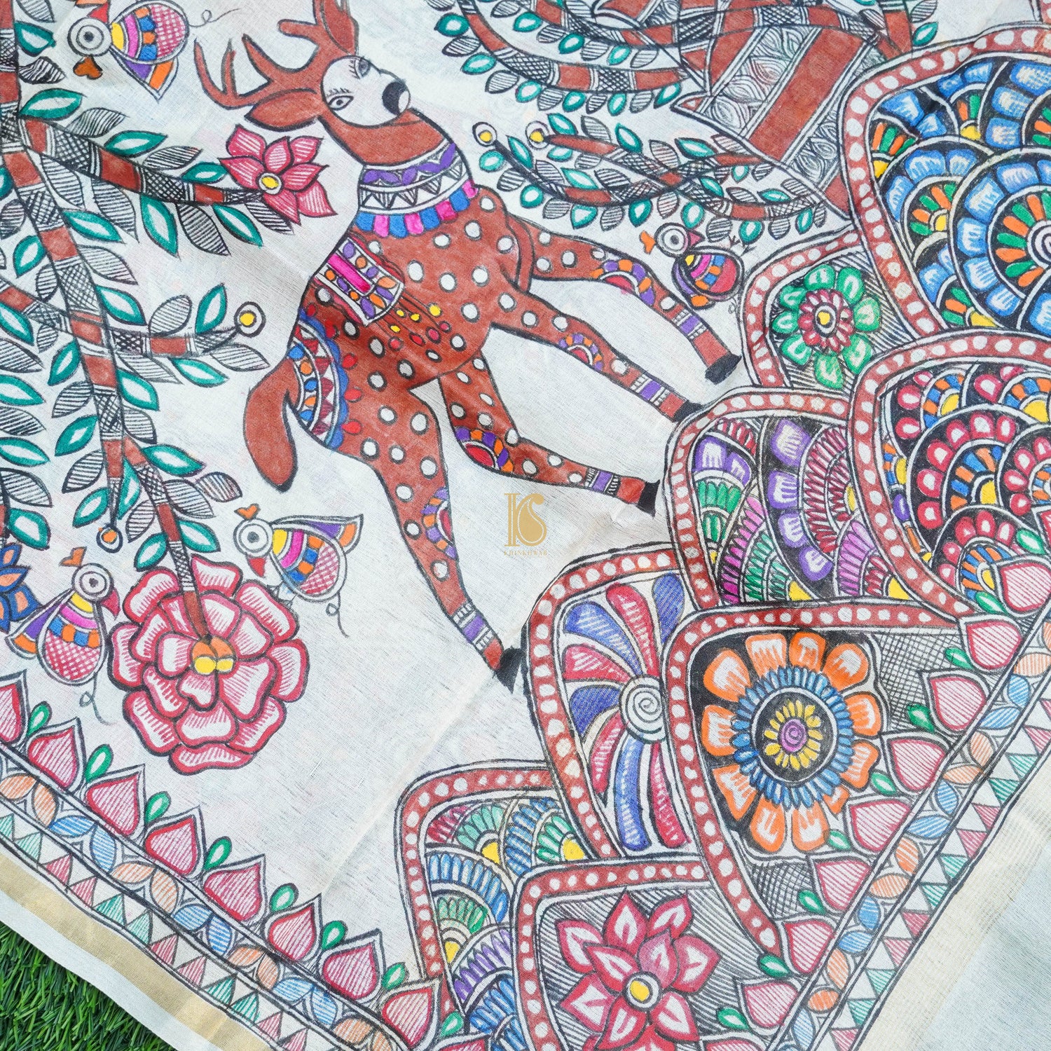 White Pure Tussar Silk Hand Painted Madhubani Deer Dupatta - Khinkhwab