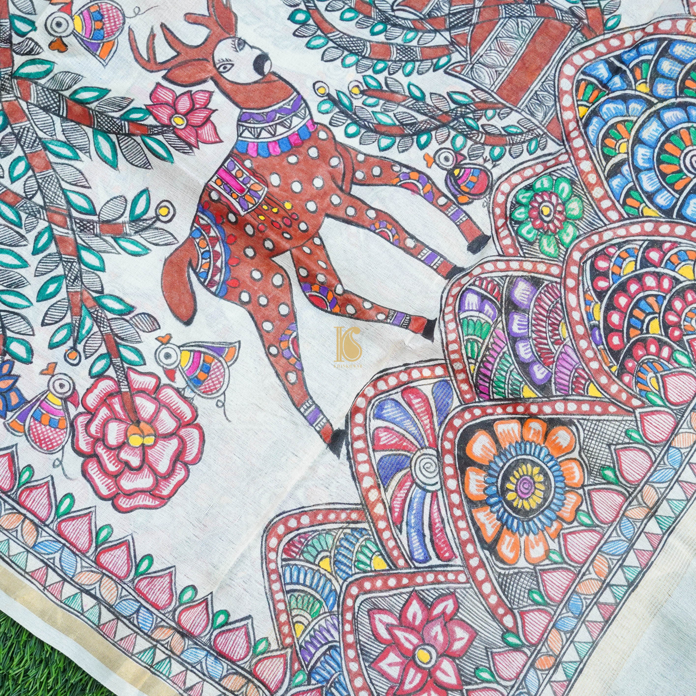 White Pure Tussar Silk Hand Painted Madhubani Deer Dupatta - Khinkhwab