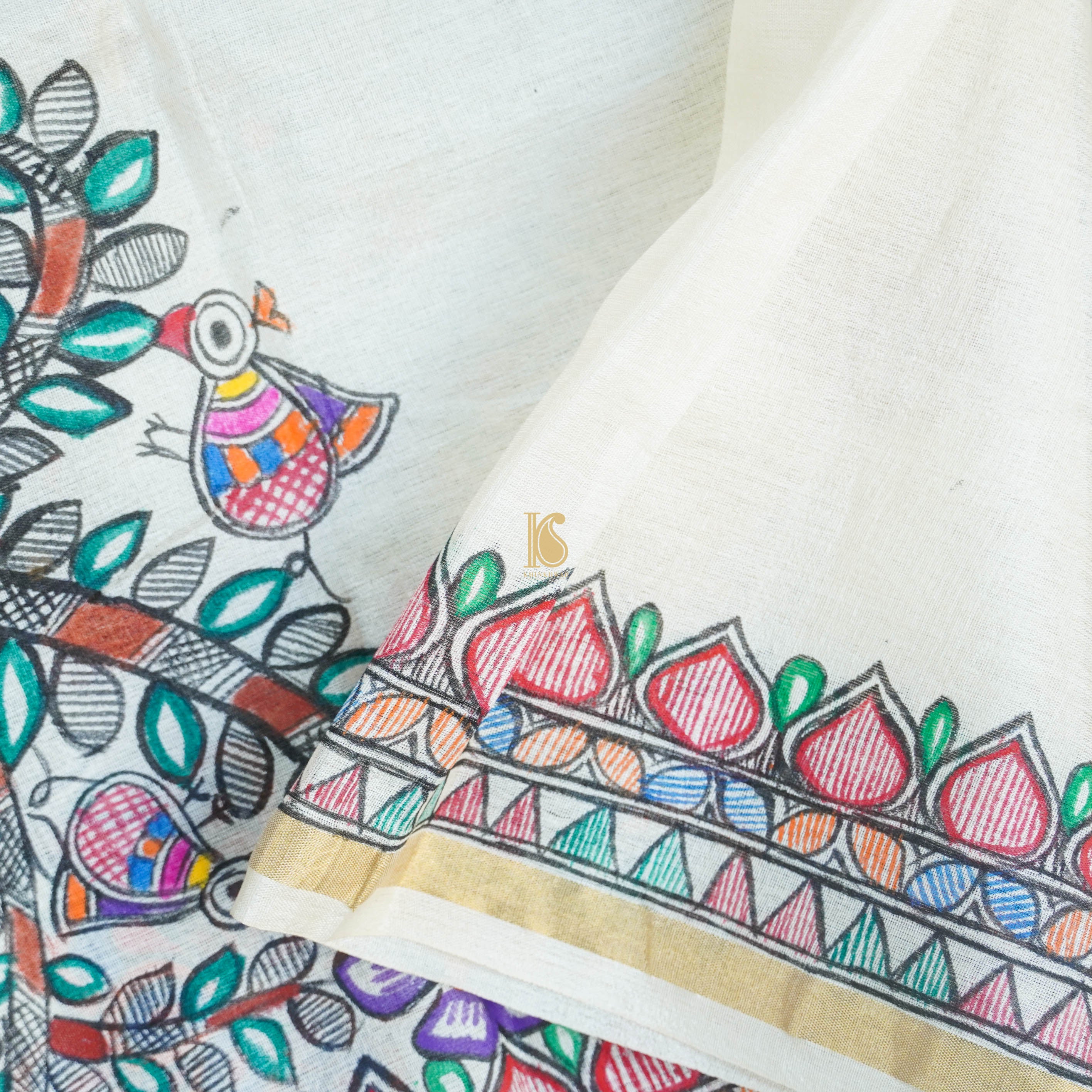 White Pure Tussar Silk Hand Painted Madhubani Deer Dupatta - Khinkhwab
