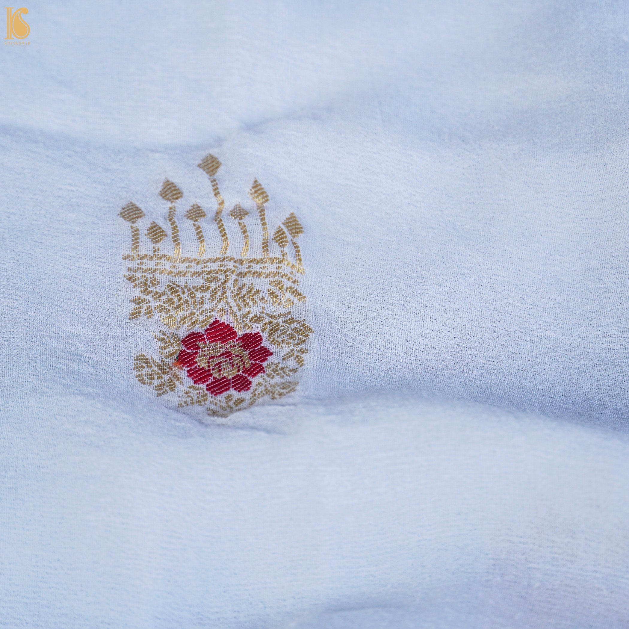 White Pure Georgette Handloom Banarasi Scalloped Border Jhumka Dupatta - Khinkhwab