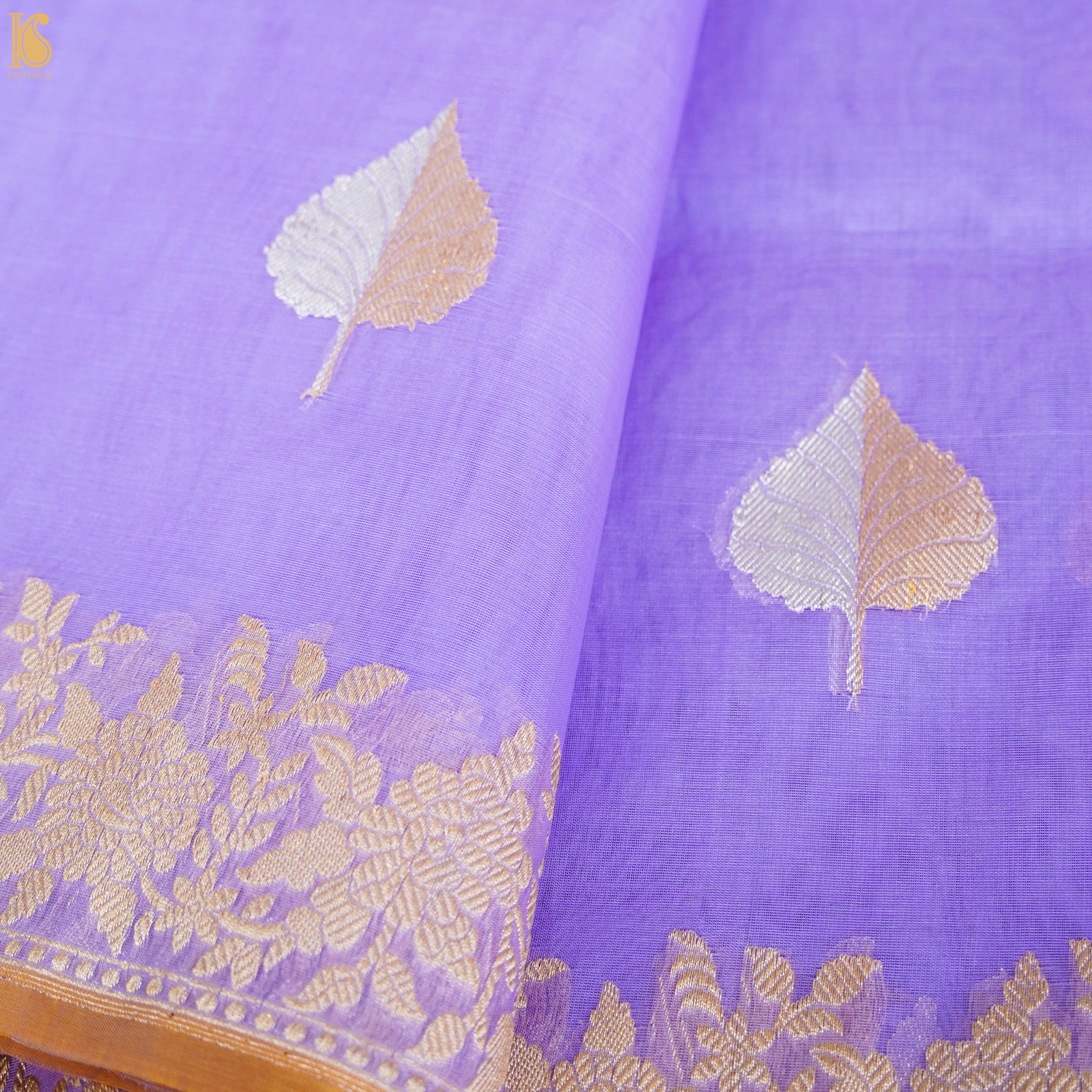 Biloba Flower Purple Pure Kora Handloom Banarasi Silk Kadwa Saree - Khinkhwab