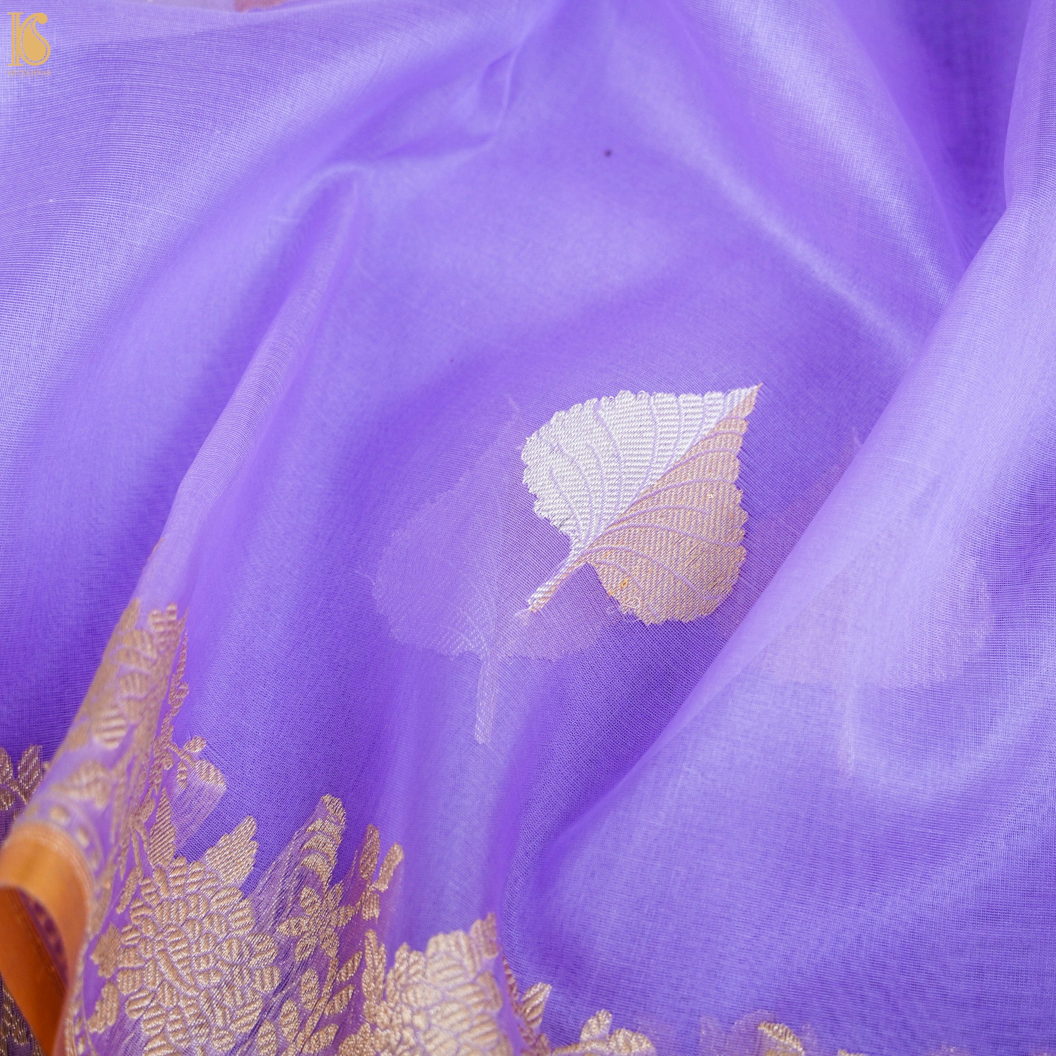 Biloba Flower Purple Pure Kora Handloom Banarasi Silk Kadwa Saree - Khinkhwab