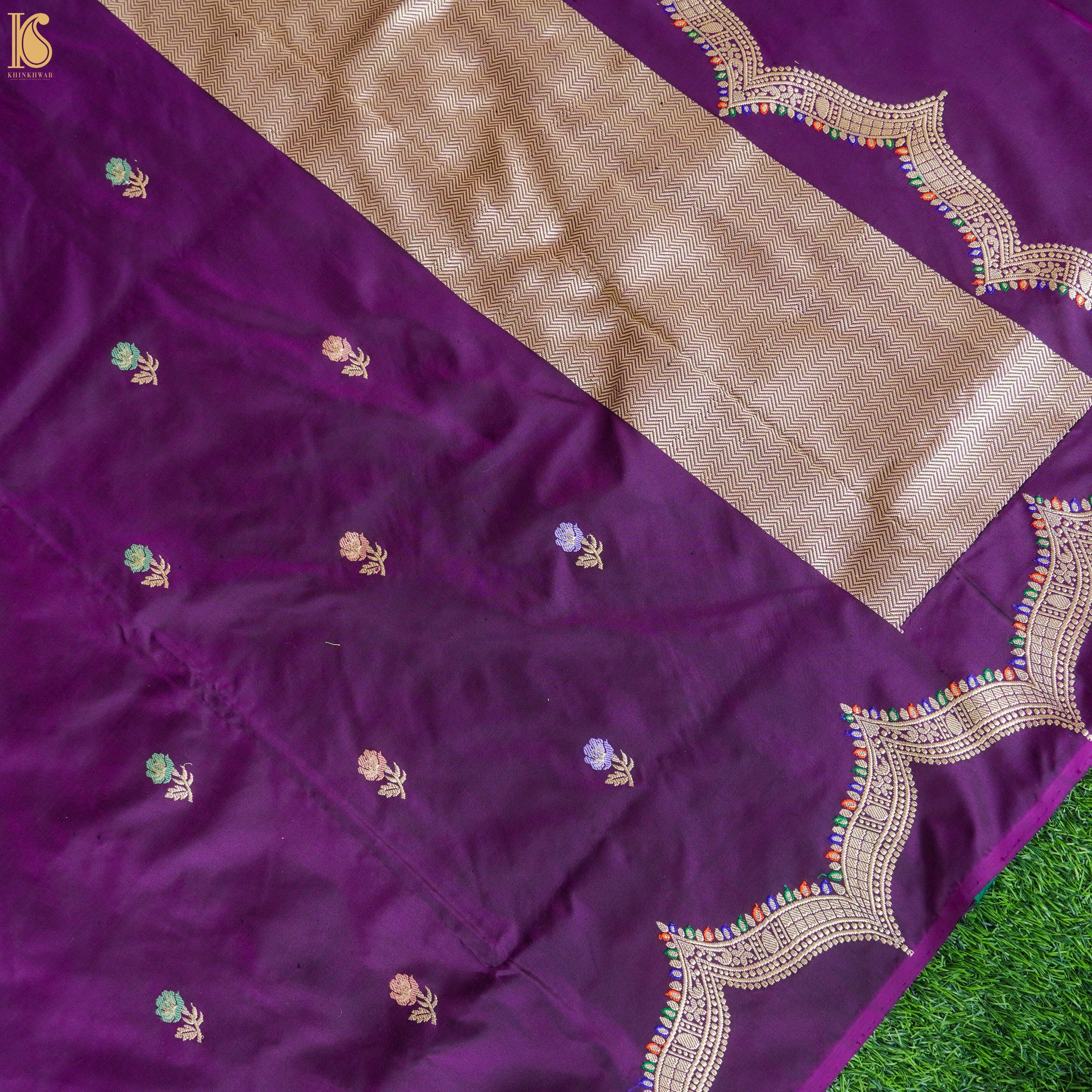 Seance Purple Katan Silk Handwoven Kadhwa Scalloped Border Saree - Khinkhwab