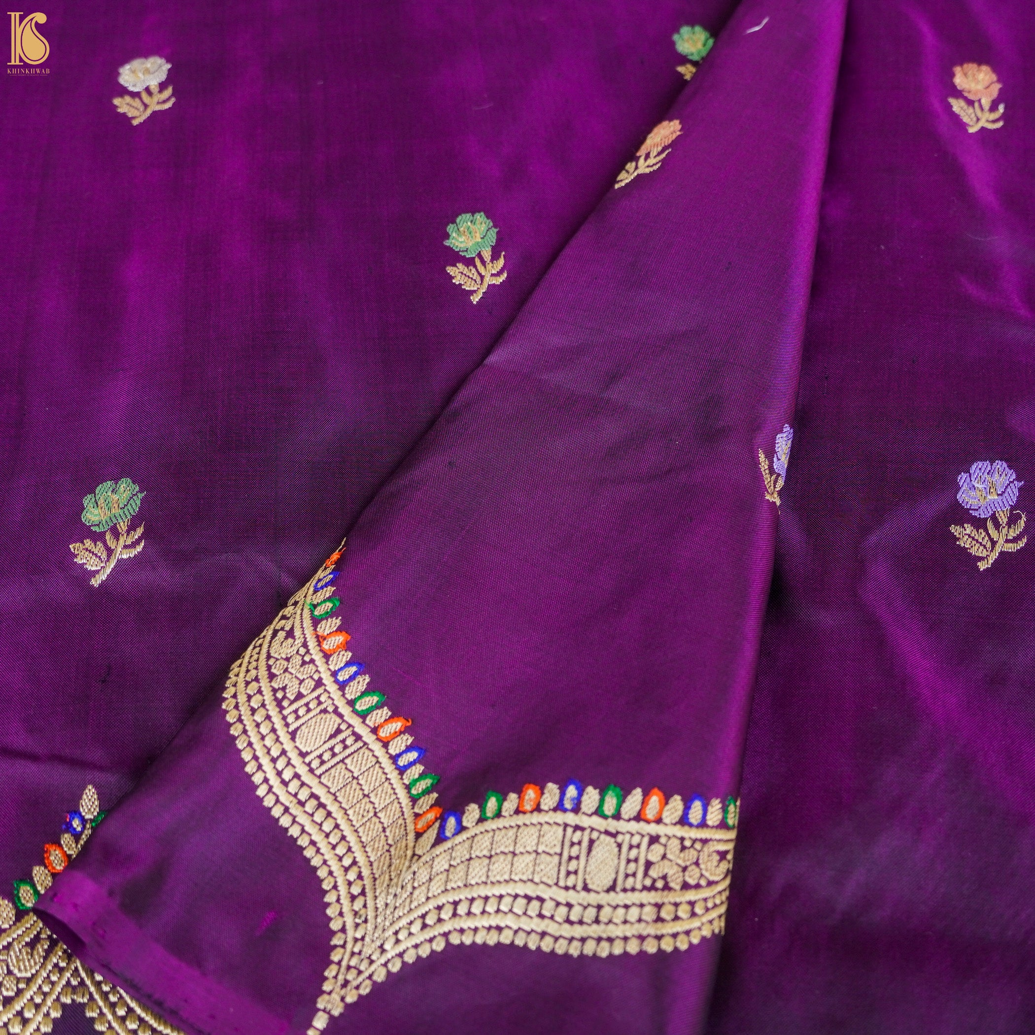 Seance Purple Katan Silk Handwoven Kadhwa Scalloped Border Saree - Khinkhwab