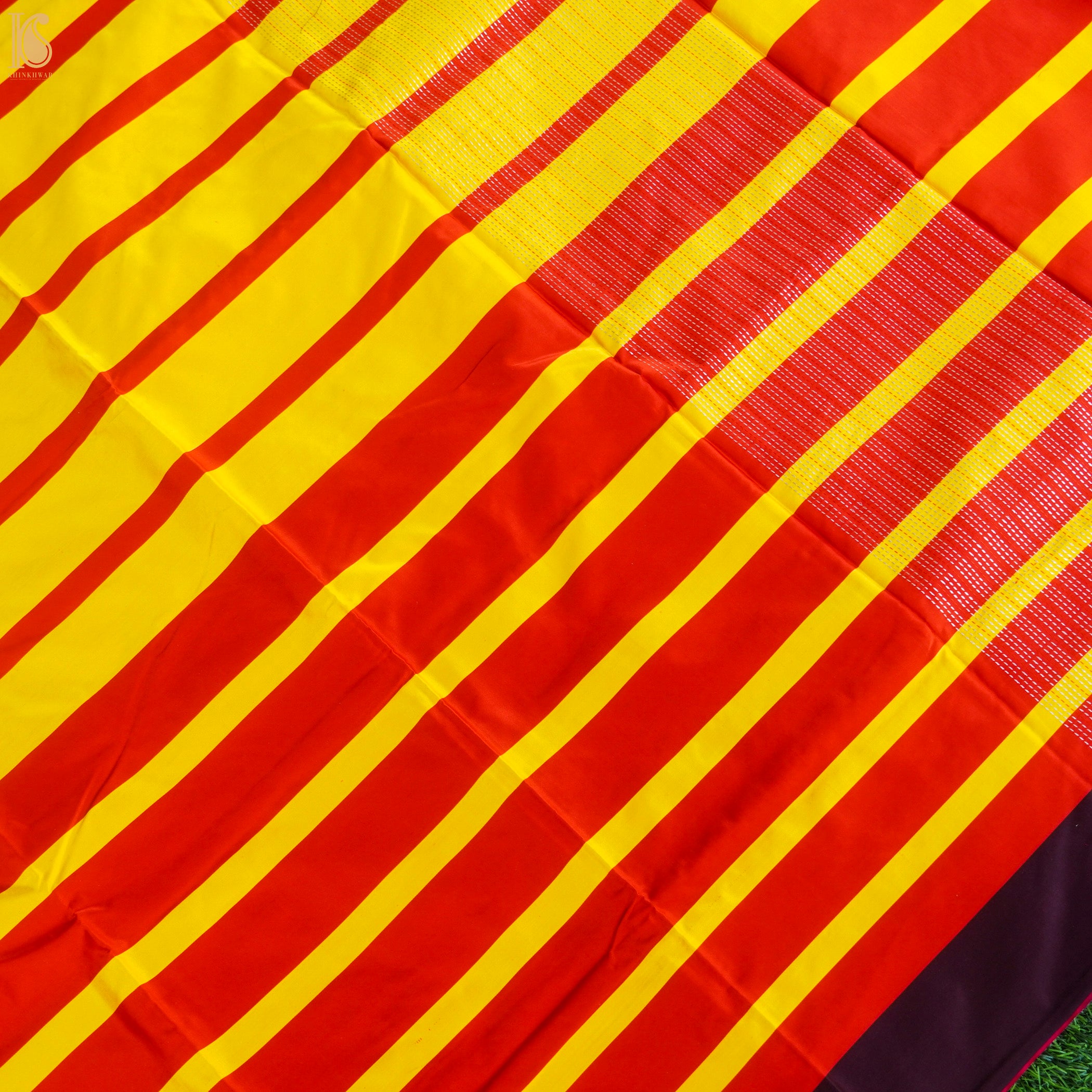Yellow & Red Handwoven Pure Mashru Silk Contrast Border Saree - Khinkhwab