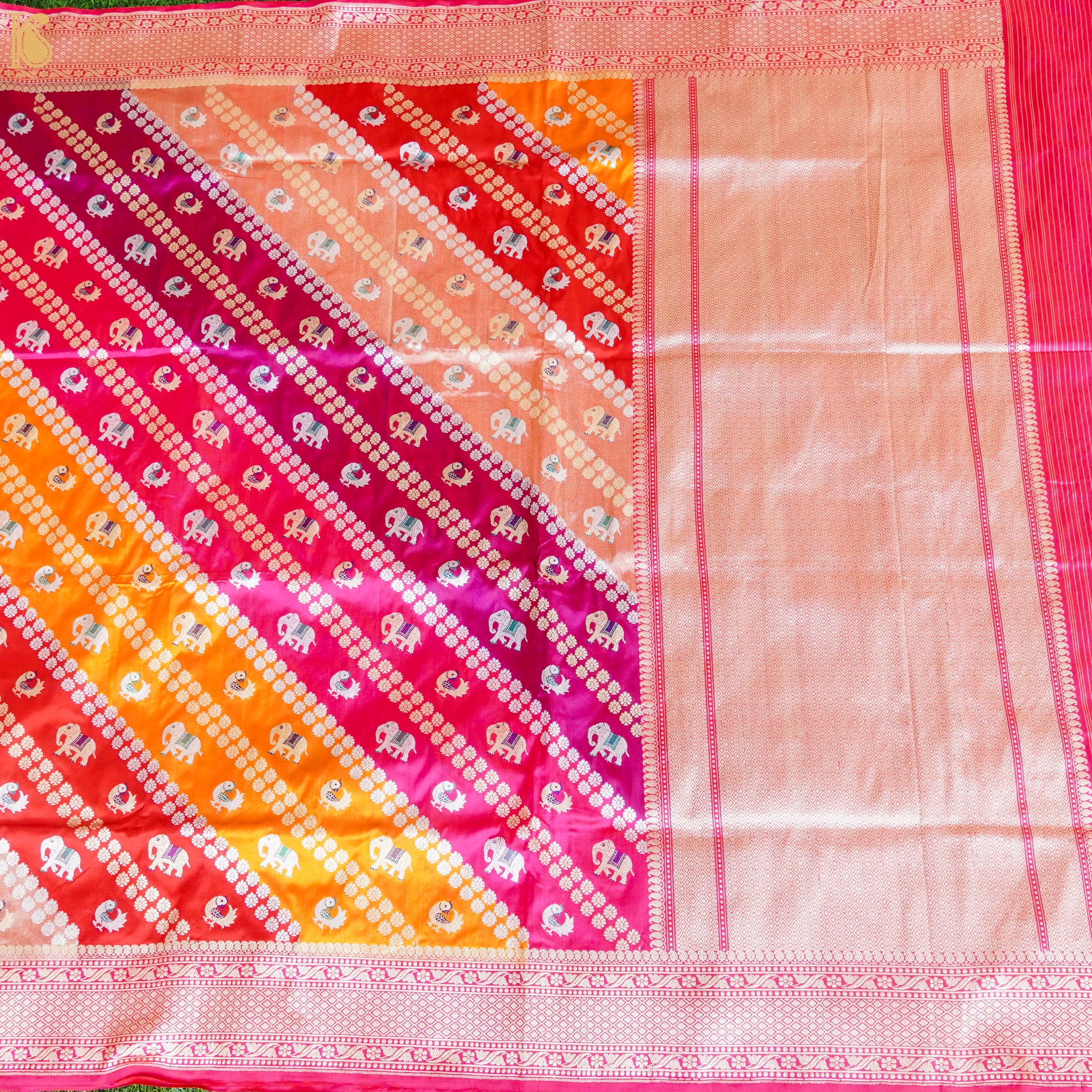Handwoven Pure Katan Silk Banarasi Kadwa Rangkat Elephant Saree - Khinkhwab