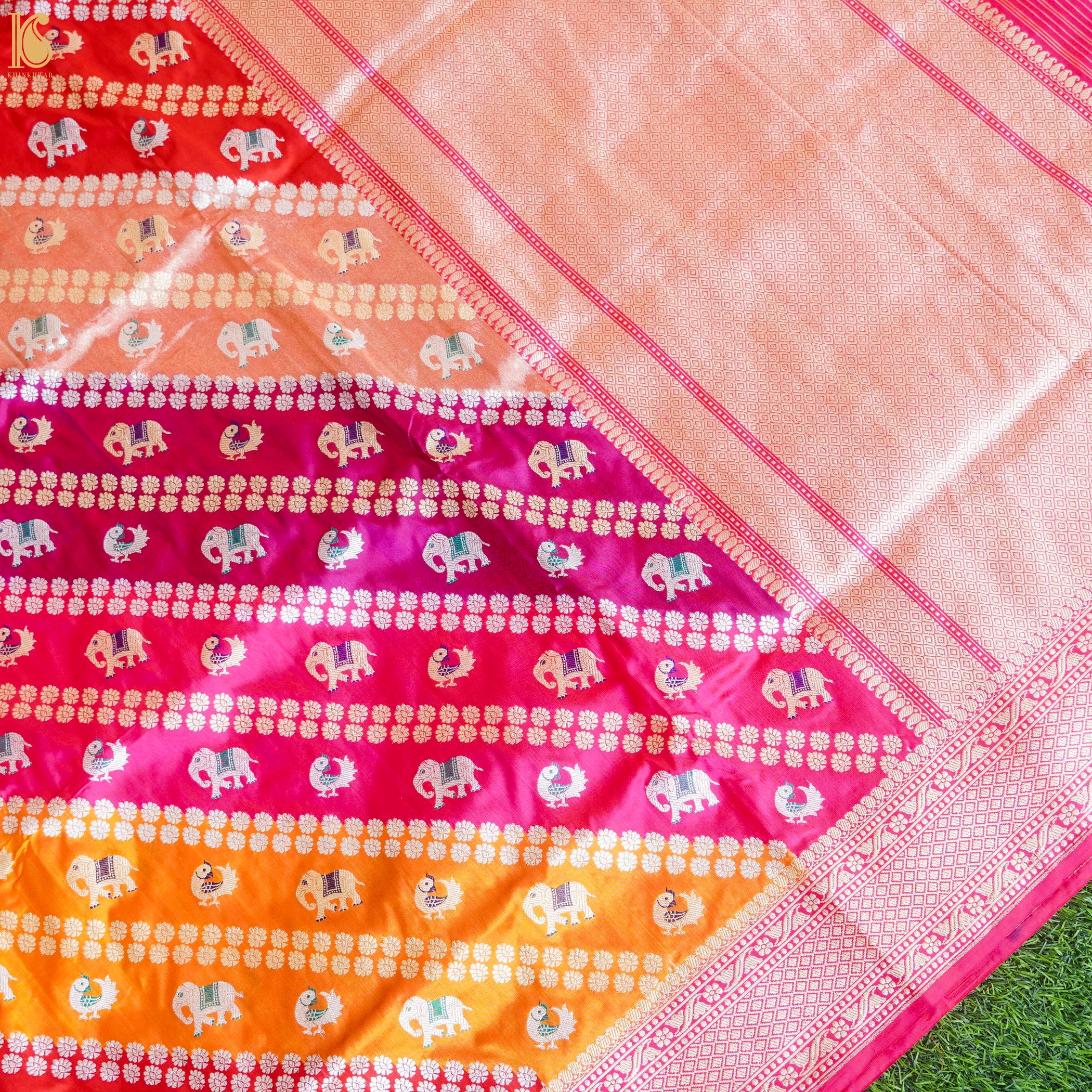 Handwoven Pure Katan Silk Banarasi Kadwa Rangkat Elephant Saree - Khinkhwab